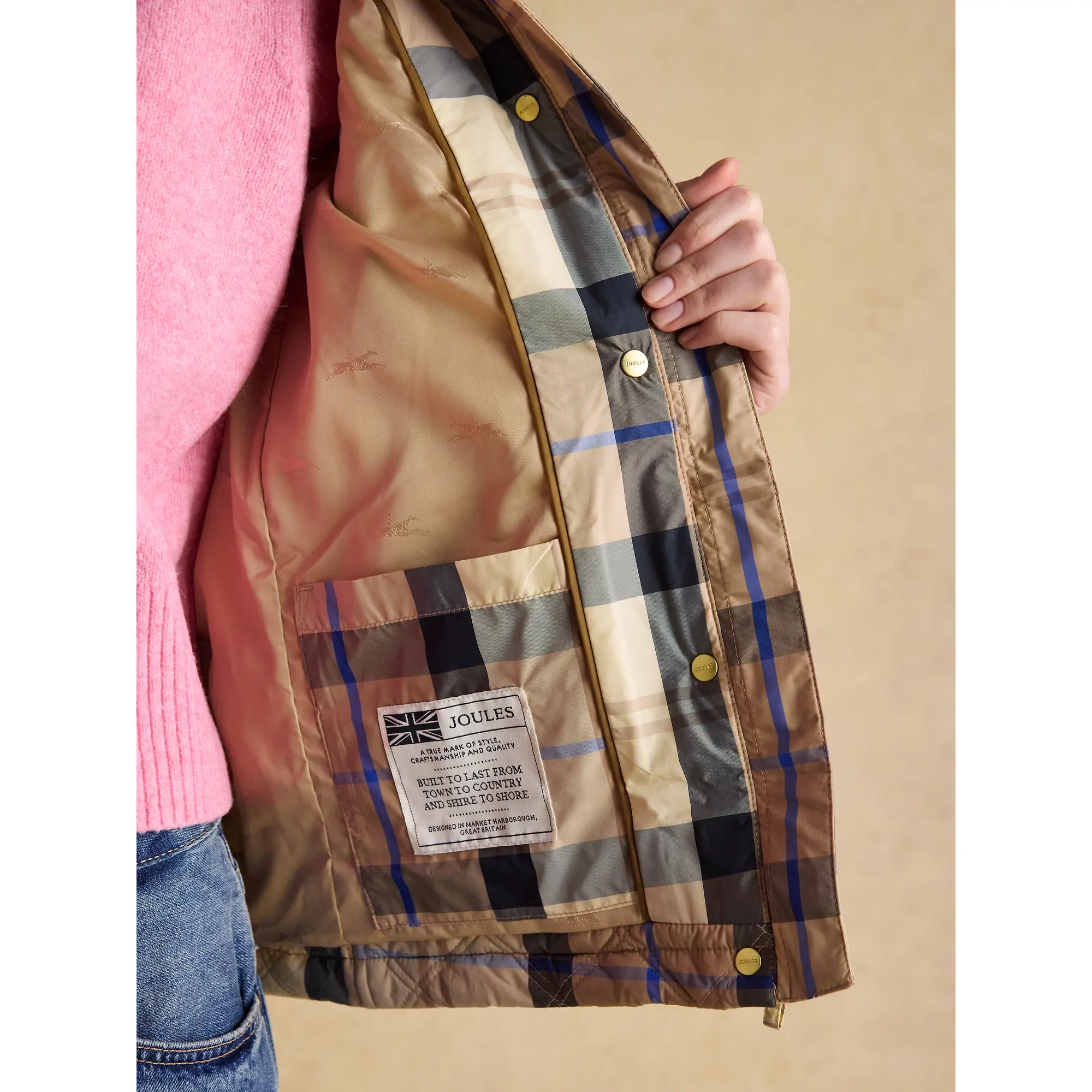 Product image 8 of 14 of Joules Women's Harrogate Showerproof Diamond Quilted Barn Jacket - Beige Check