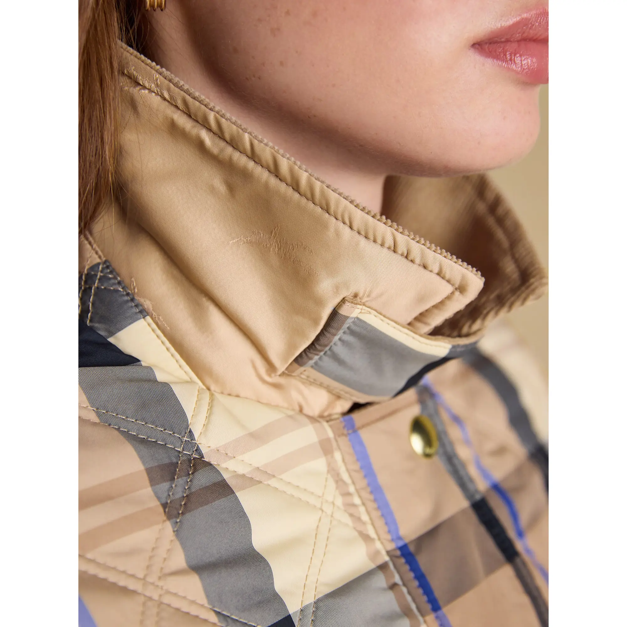 Product image 9 of 14 of Joules Women's Harrogate Showerproof Diamond Quilted Barn Jacket - Beige Check