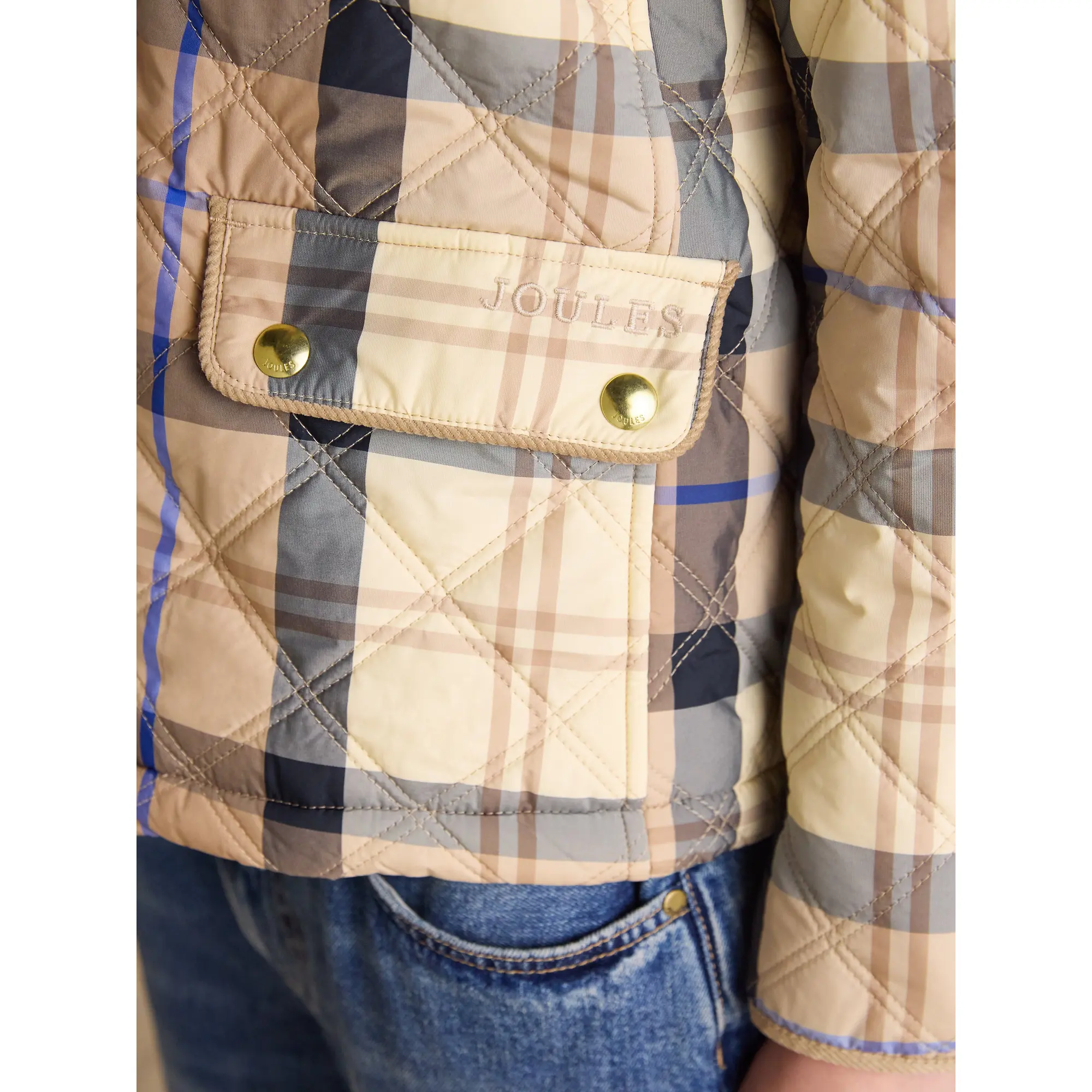 Product image 13 of 14 of Joules Women's Harrogate Showerproof Diamond Quilted Barn Jacket - Beige Check