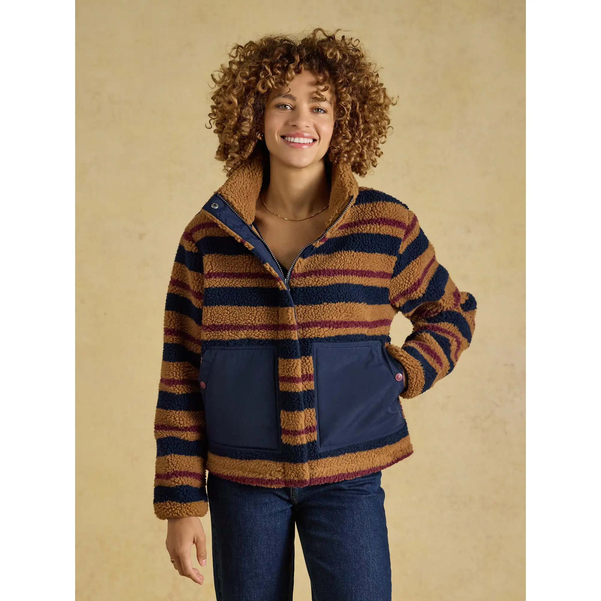 Product image 2 of 9 of Joules Women's Lottie Zip Through Borg Fleece - Tan Brown Stripe