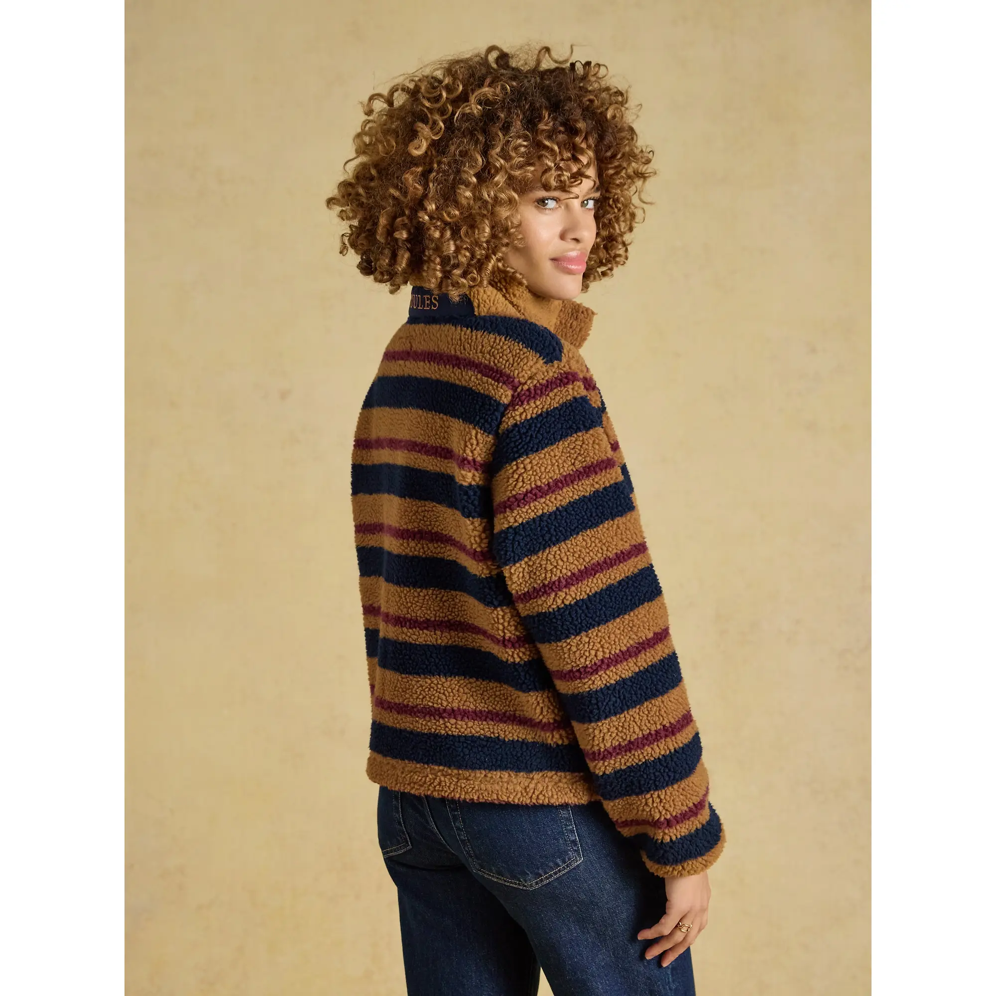 Product image 3 of 9 of Joules Women's Lottie Zip Through Borg Fleece - Tan Brown Stripe