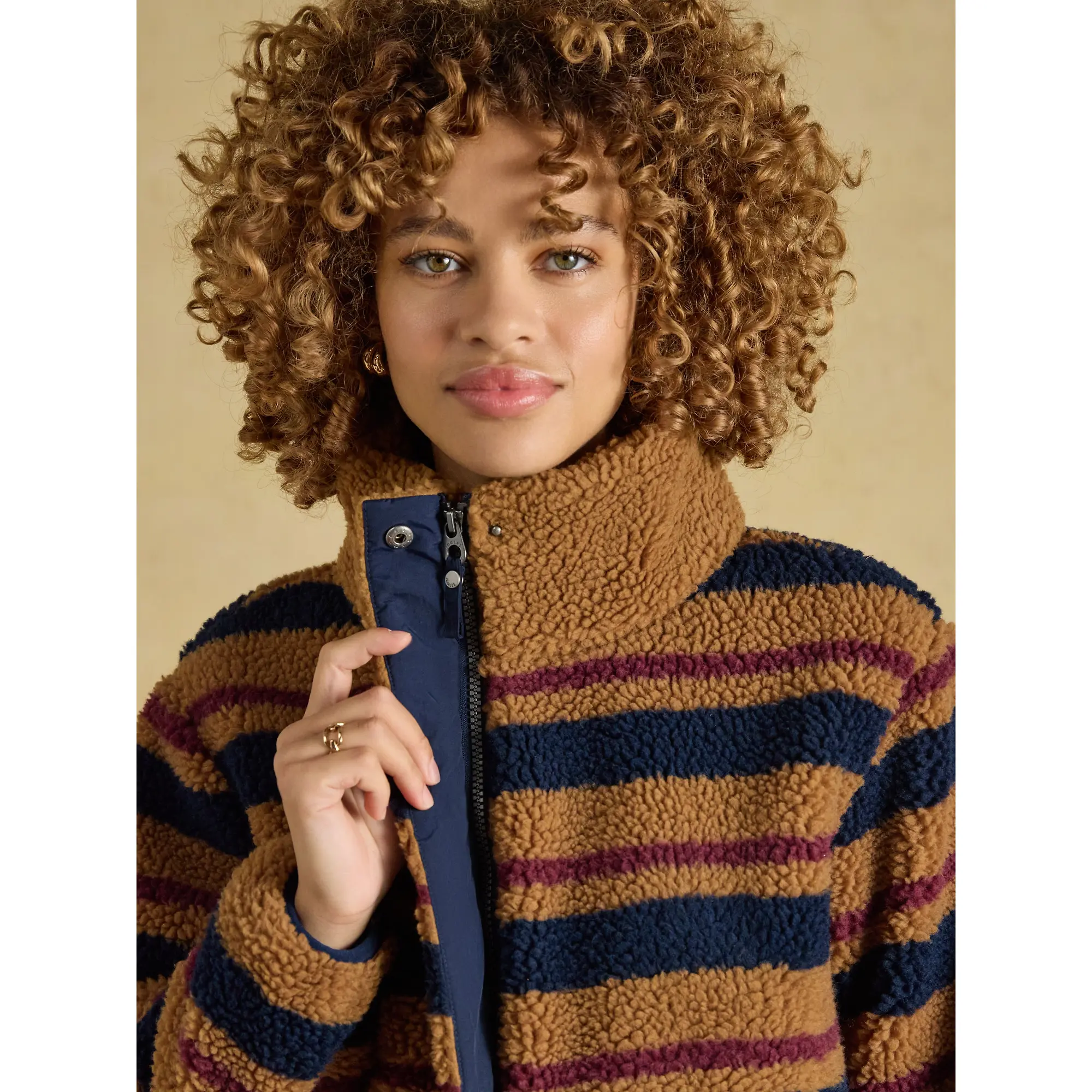 Product image 4 of 9 of Joules Women's Lottie Zip Through Borg Fleece - Tan Brown Stripe