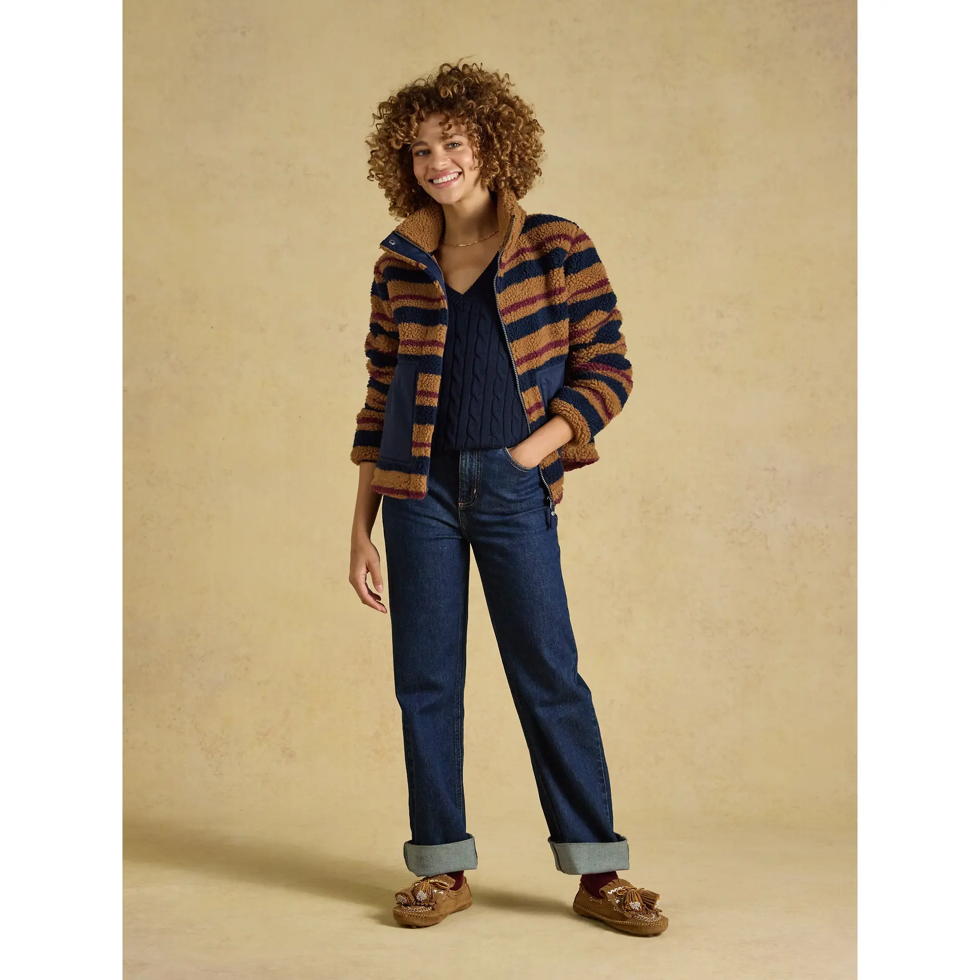 Product image 5 of 9 of Joules Women's Lottie Zip Through Borg Fleece - Tan Brown Stripe