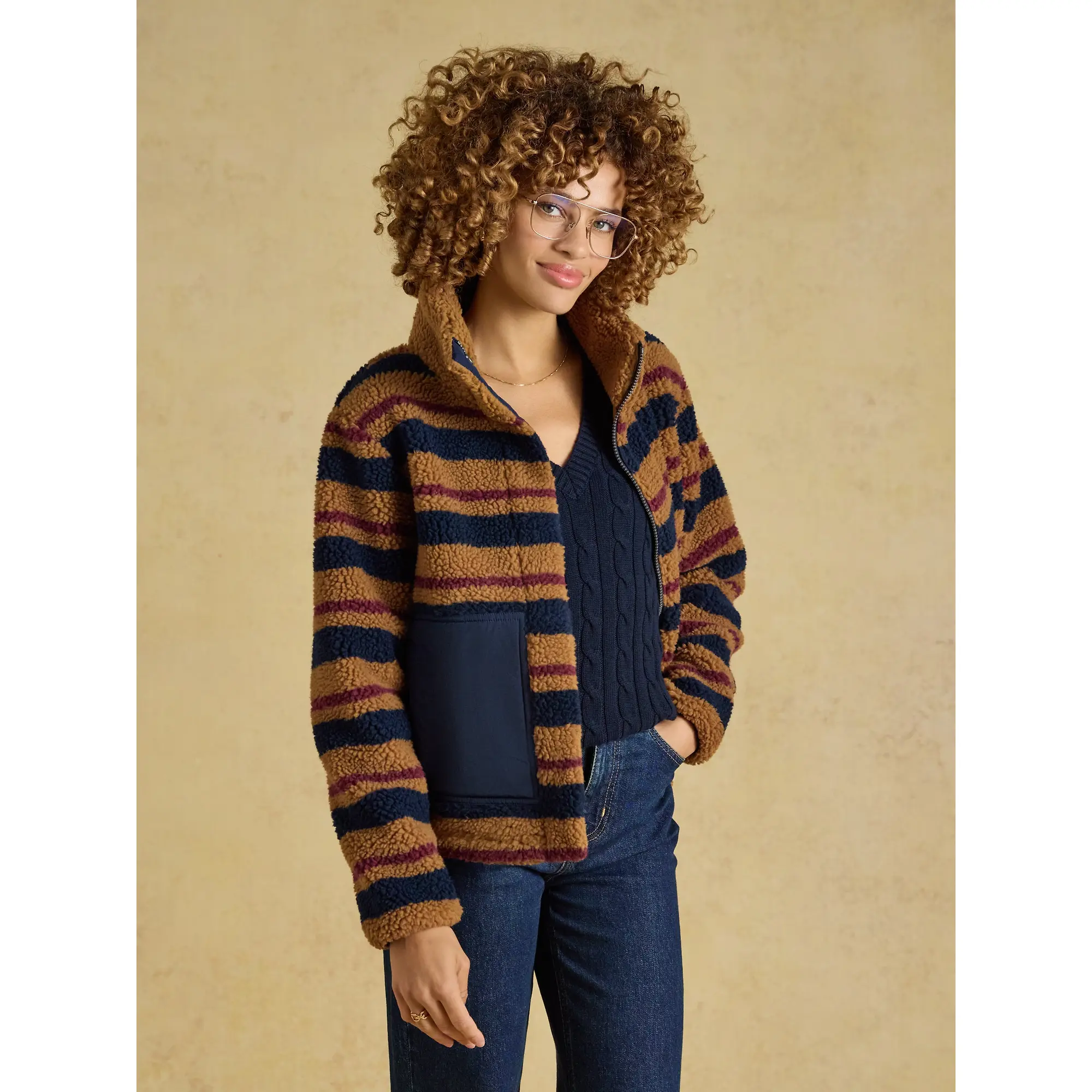 Product image 7 of 9 of Joules Women's Lottie Zip Through Borg Fleece - Tan Brown Stripe