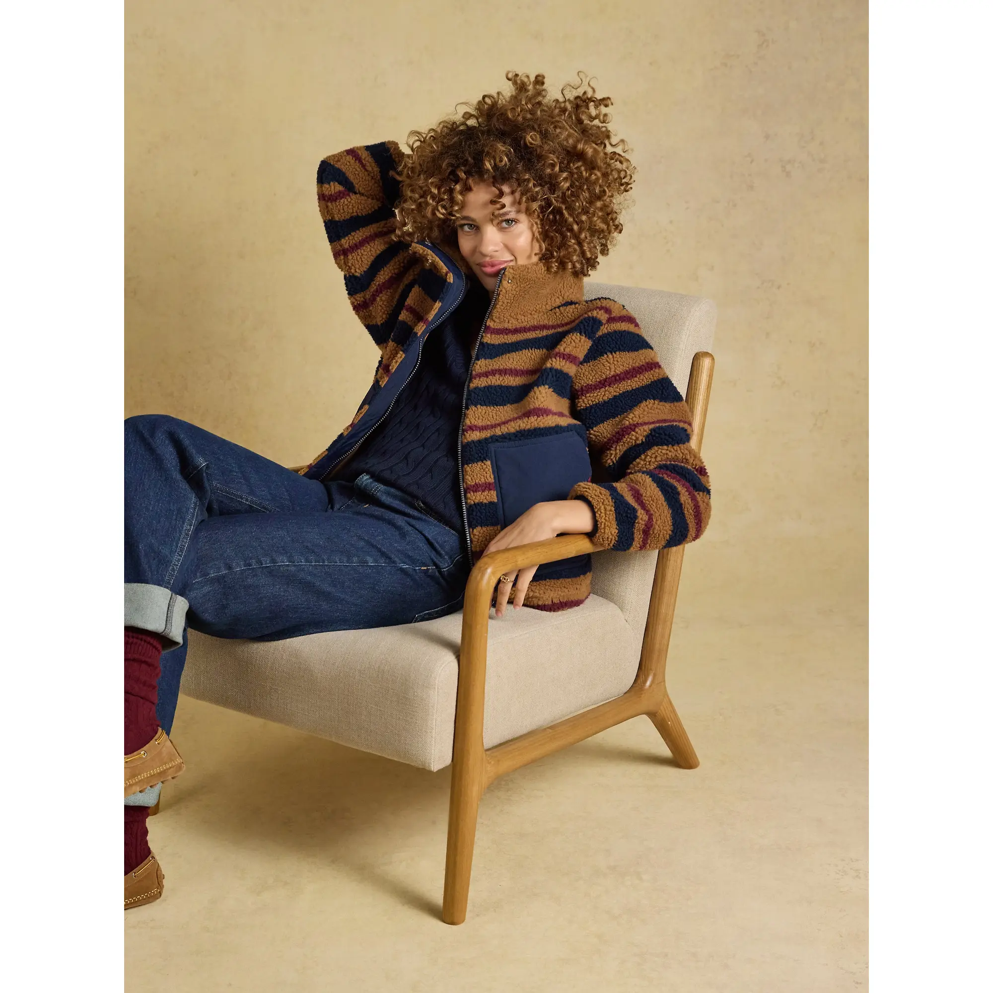 Product image 9 of 9 of Joules Women's Lottie Zip Through Borg Fleece - Tan Brown Stripe