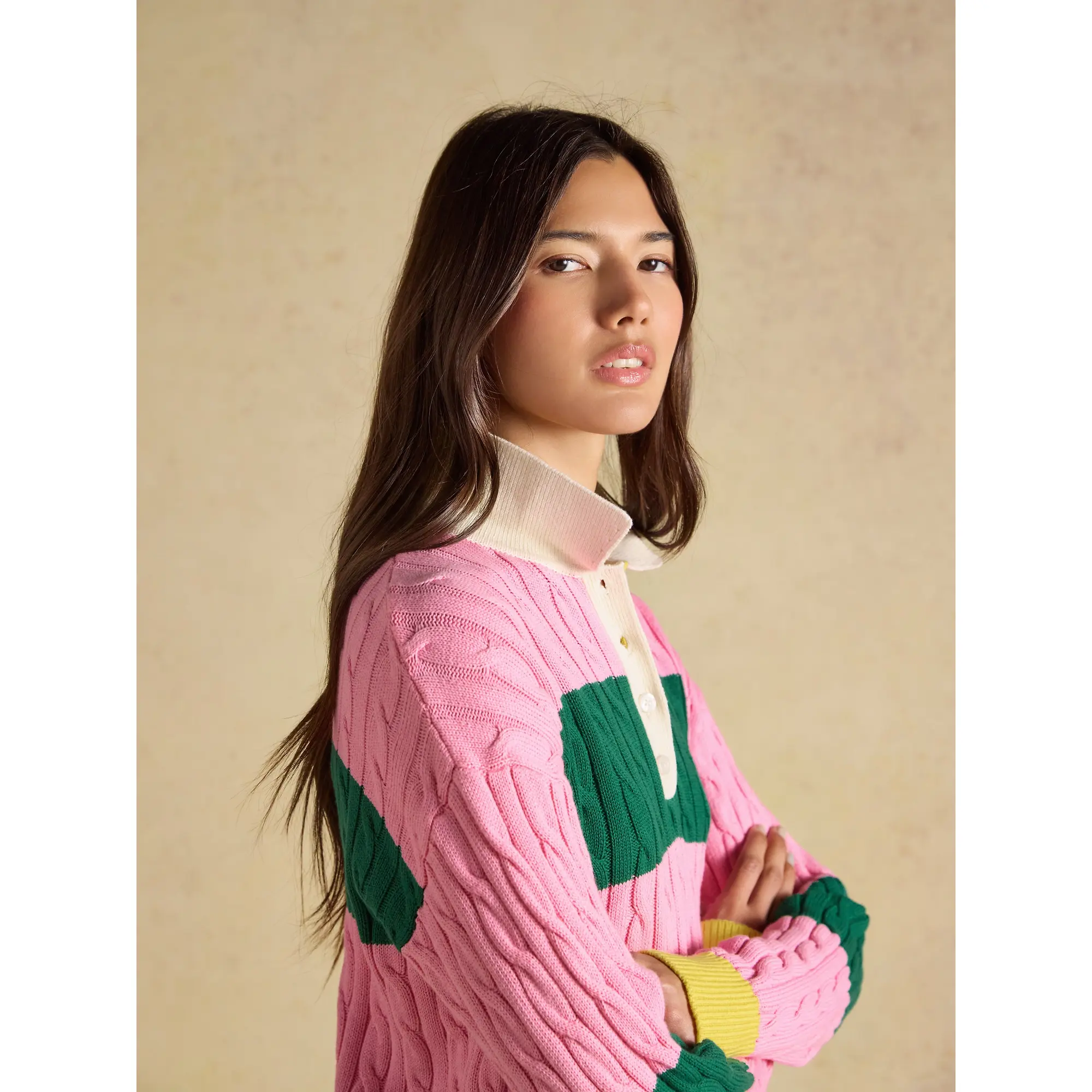 Product image 6 of 9 of Joules Women's Cable Rugby Jumper - Pink / Green