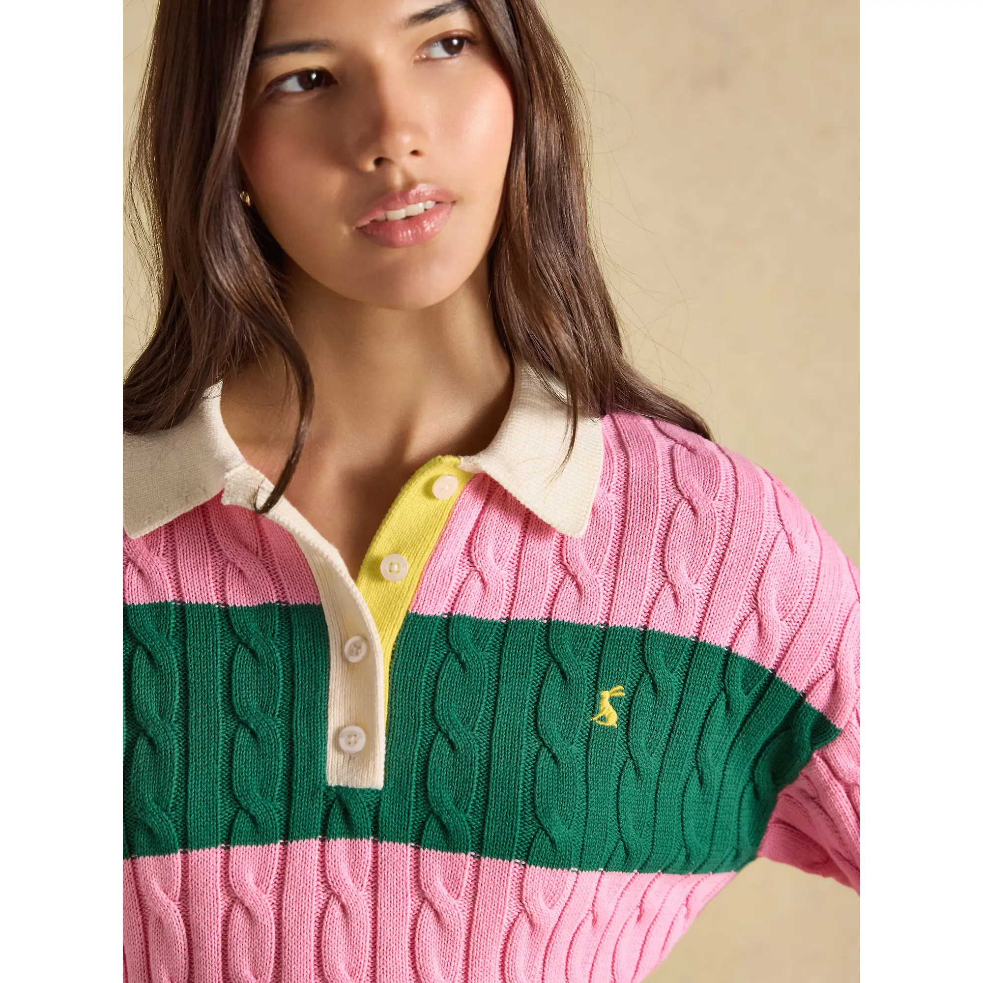 Product image 9 of 9 of Joules Women's Cable Rugby Jumper - Pink / Green