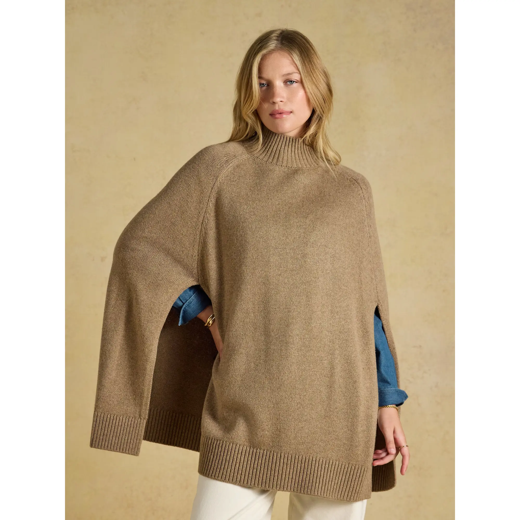 Product image 3 of 6 of Joules Women's Horse Wool Blend High Neck Knitted Cape - Tan Brown