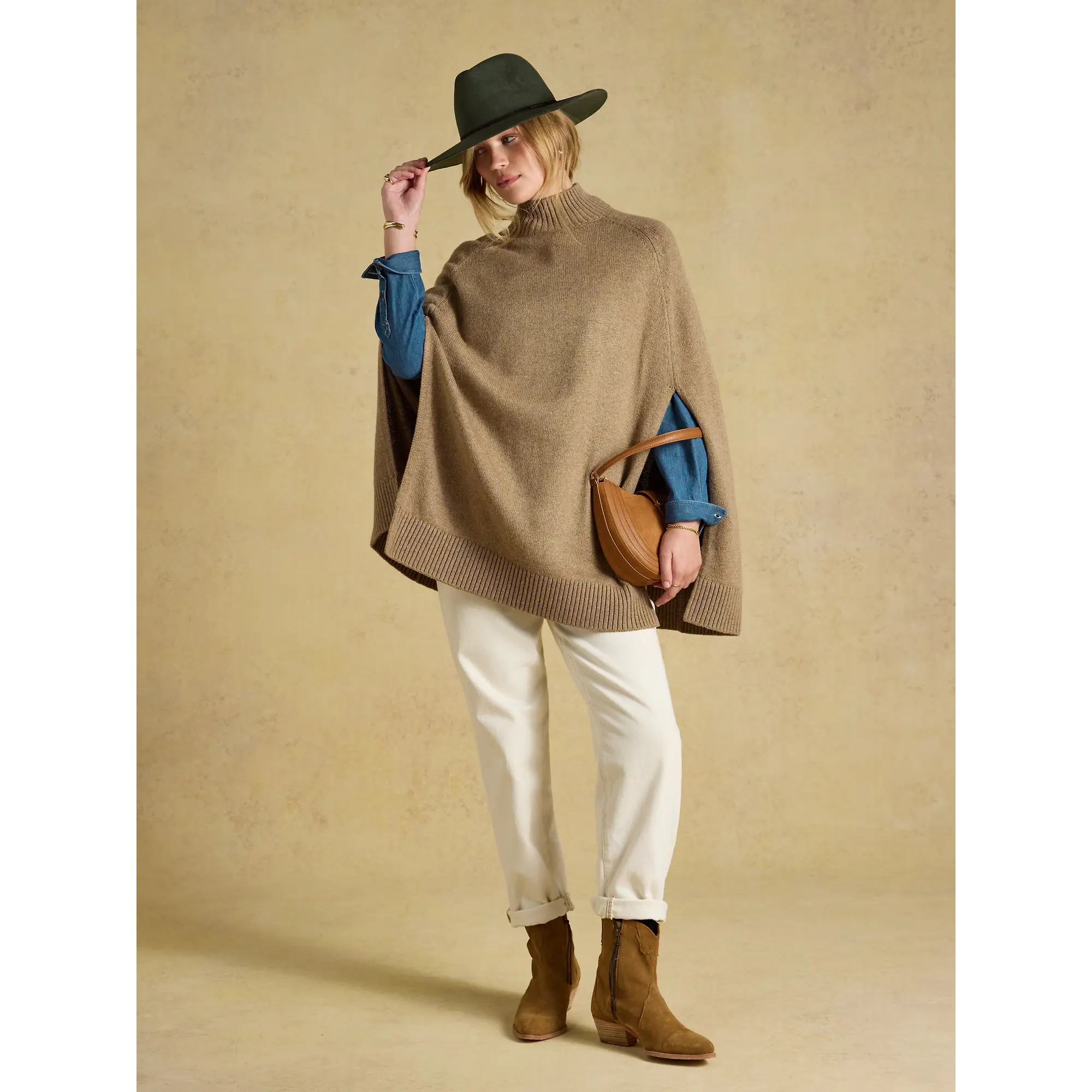 Product image 4 of 6 of Joules Women's Horse Wool Blend High Neck Knitted Cape - Tan Brown