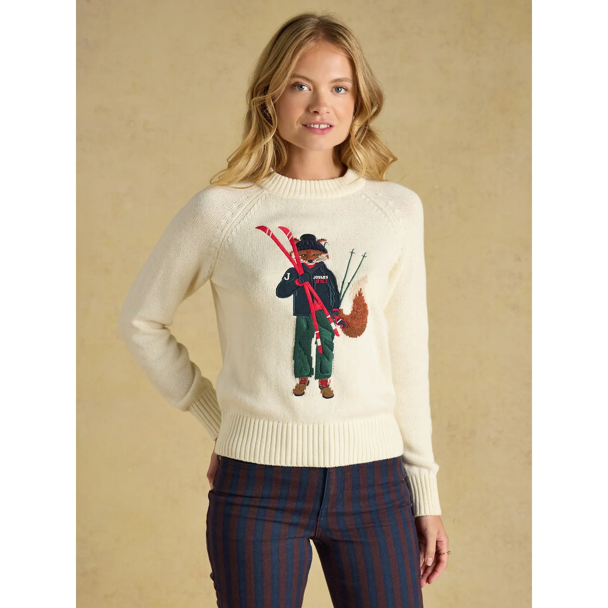 Product image 2 of 7 of Joules Women's Jonty Fox Cotton Blend Crew Neck Knitted Jumper - Skiing Cream