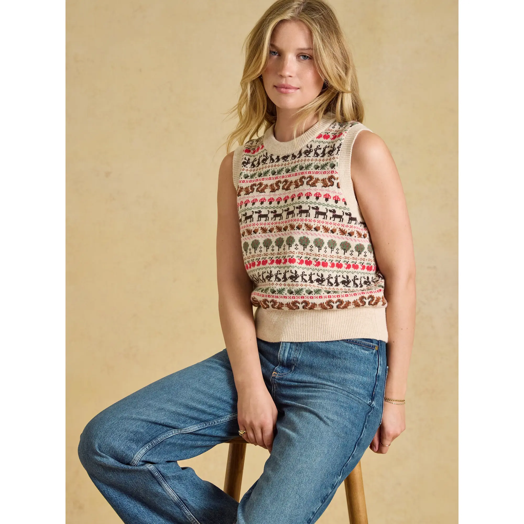 Product image 4 of 7 of Joules Women's Orchard Pattern Cotton Blend Crew Neck Knitted Vest - Oatmeal