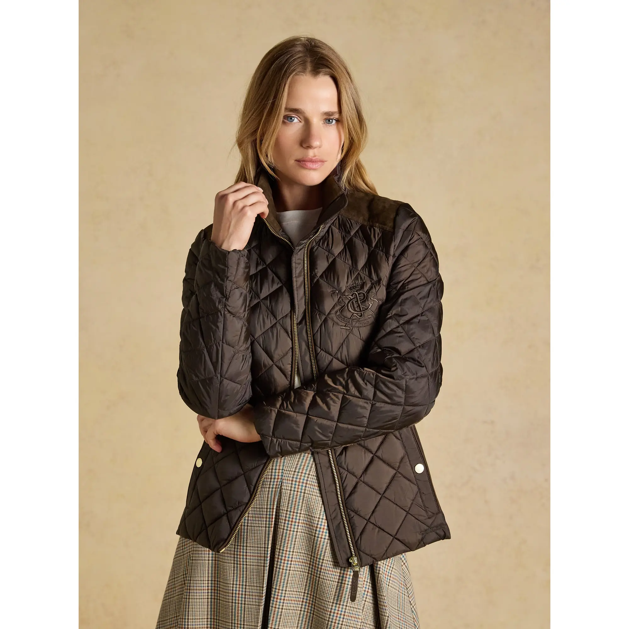 Product image 2 of 10 of Joules Women's Braemar Luxe Showerproof Diamond Quilted Coat - Chocolate Brown