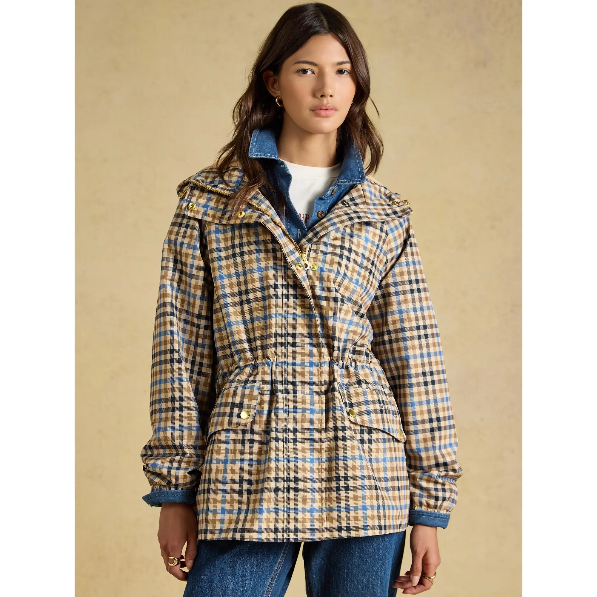 Product image 2 of 10 of Joules Women's Everdry Waterproof Packable Raincoat With Hood - Tan Check