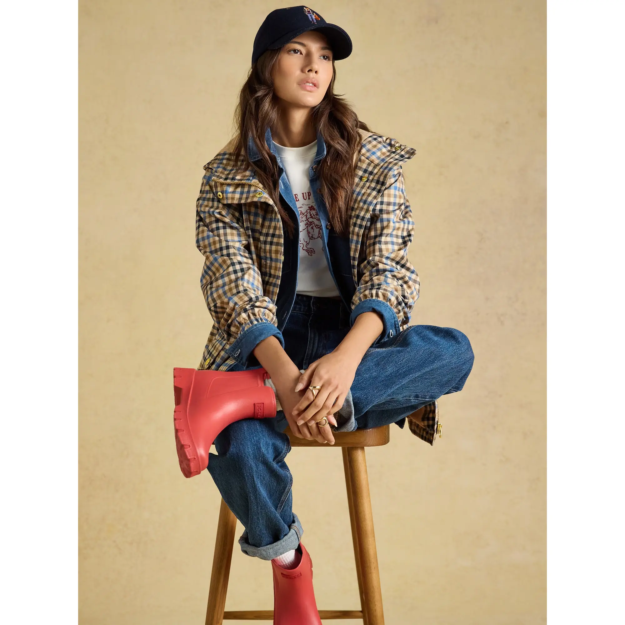 Product image 4 of 10 of Joules Women's Everdry Waterproof Packable Raincoat With Hood - Tan Check