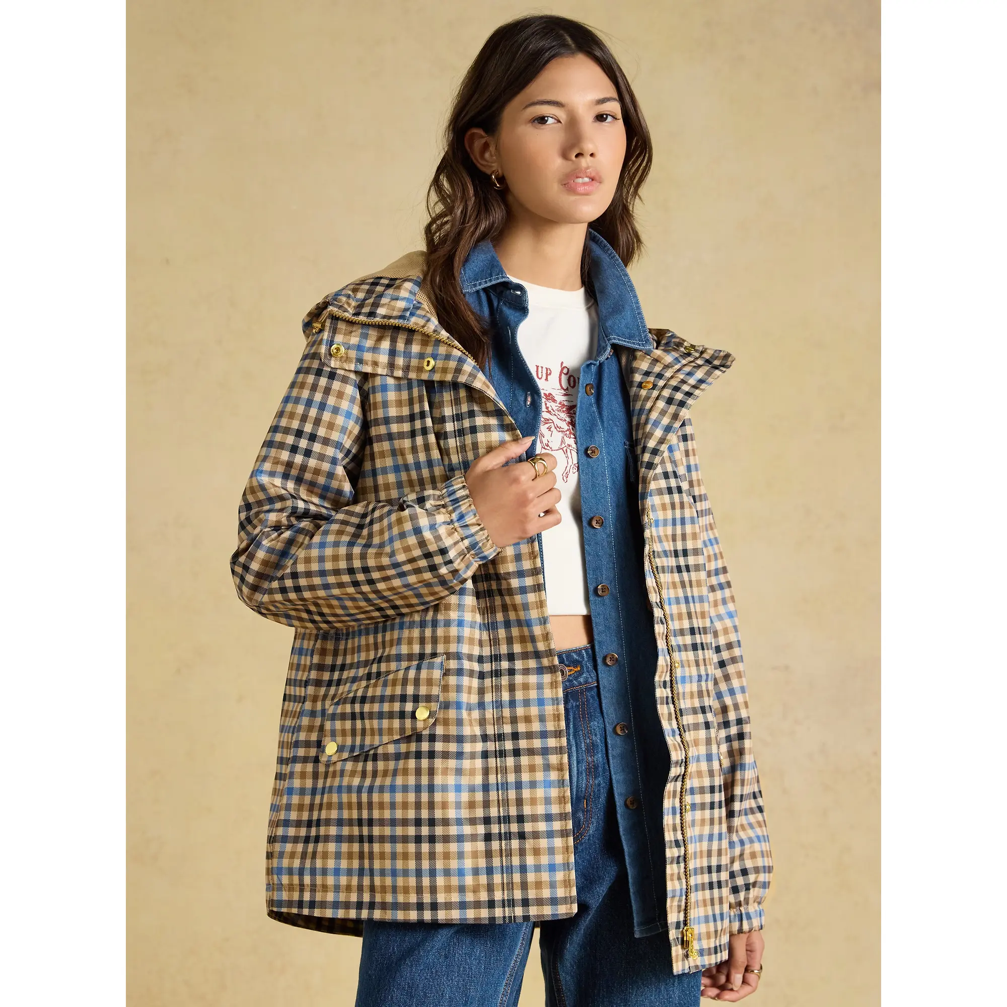 Product image 5 of 10 of Joules Women's Everdry Waterproof Packable Raincoat With Hood - Tan Check