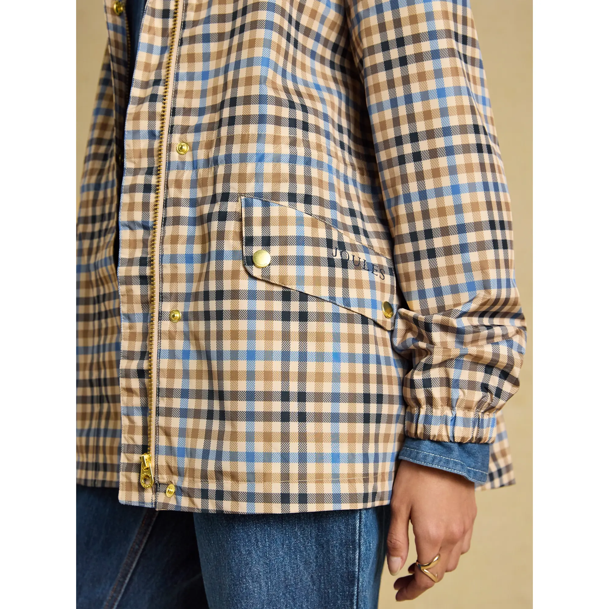 Product image 6 of 10 of Joules Women's Everdry Waterproof Packable Raincoat With Hood - Tan Check