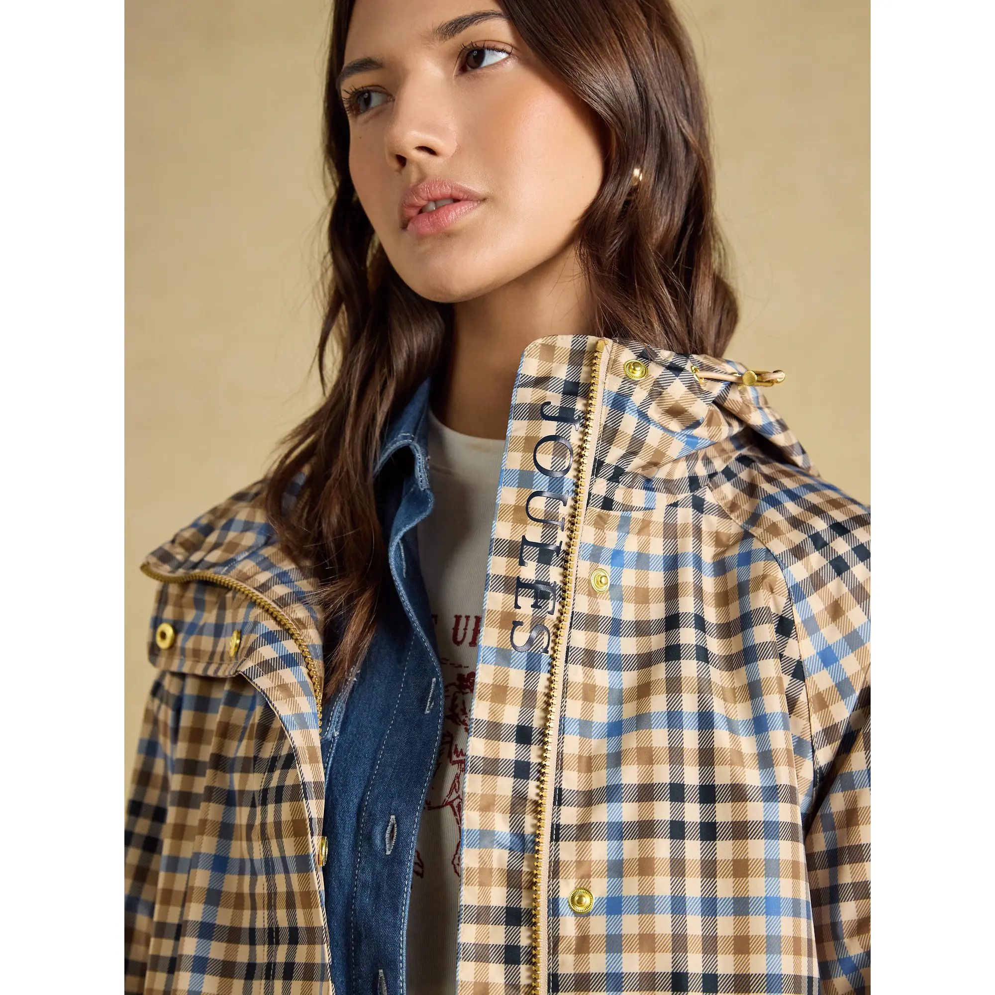 Product image 7 of 10 of Joules Women's Everdry Waterproof Packable Raincoat With Hood - Tan Check