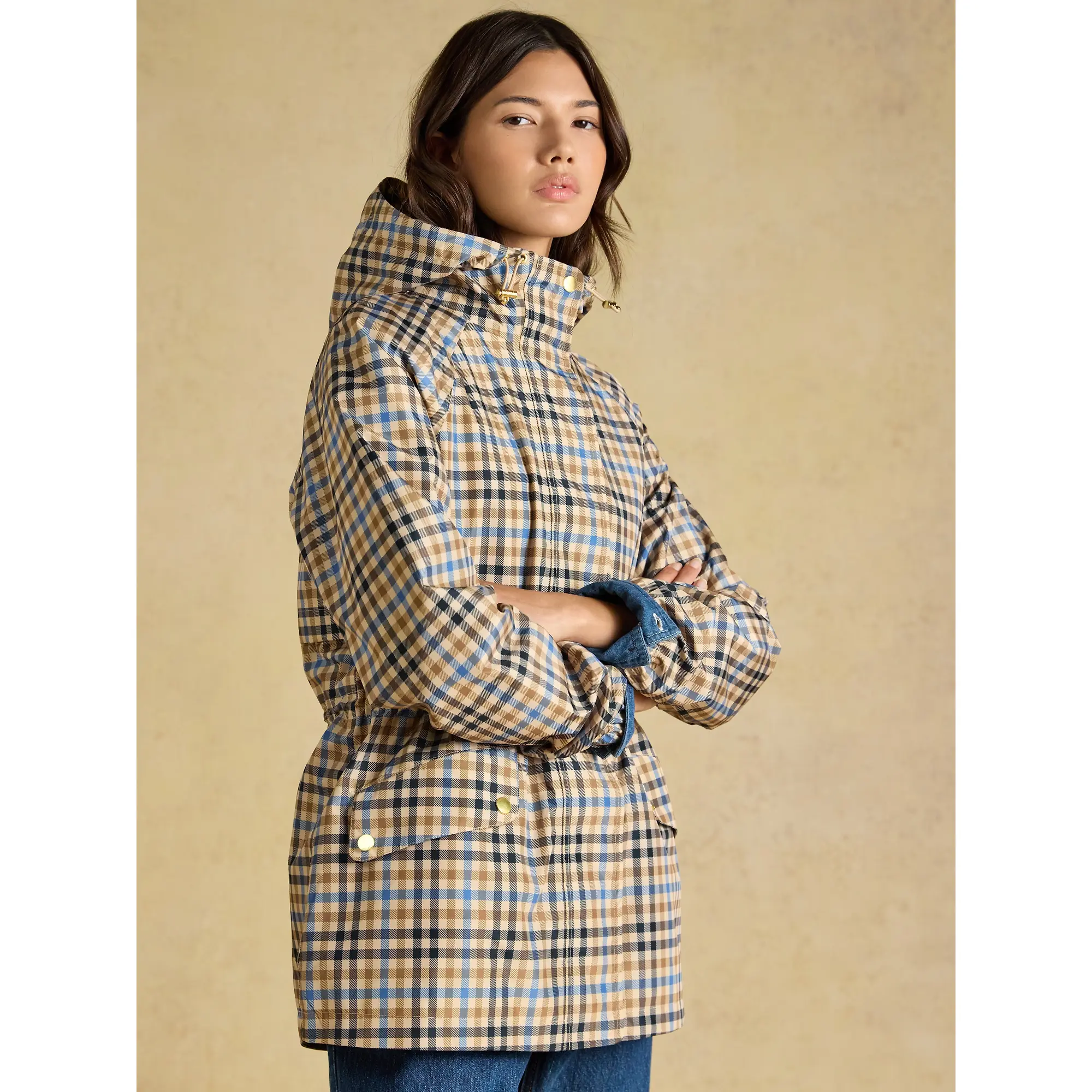Product image 8 of 10 of Joules Women's Everdry Waterproof Packable Raincoat With Hood - Tan Check