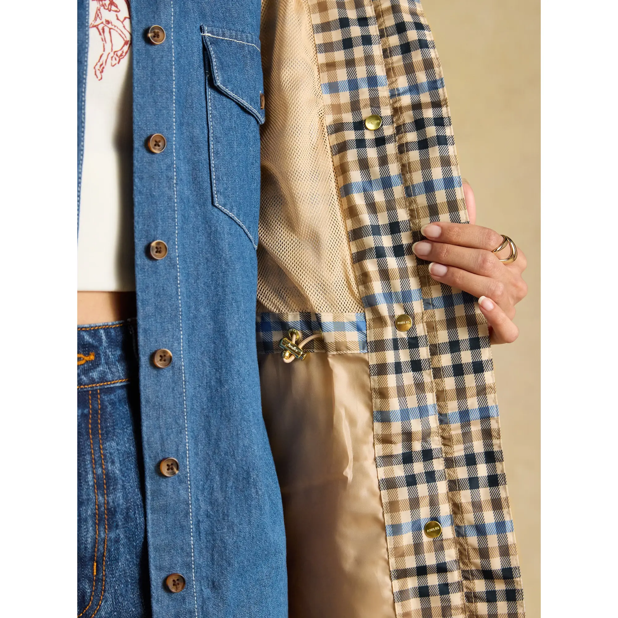 Product image 9 of 10 of Joules Women's Everdry Waterproof Packable Raincoat With Hood - Tan Check