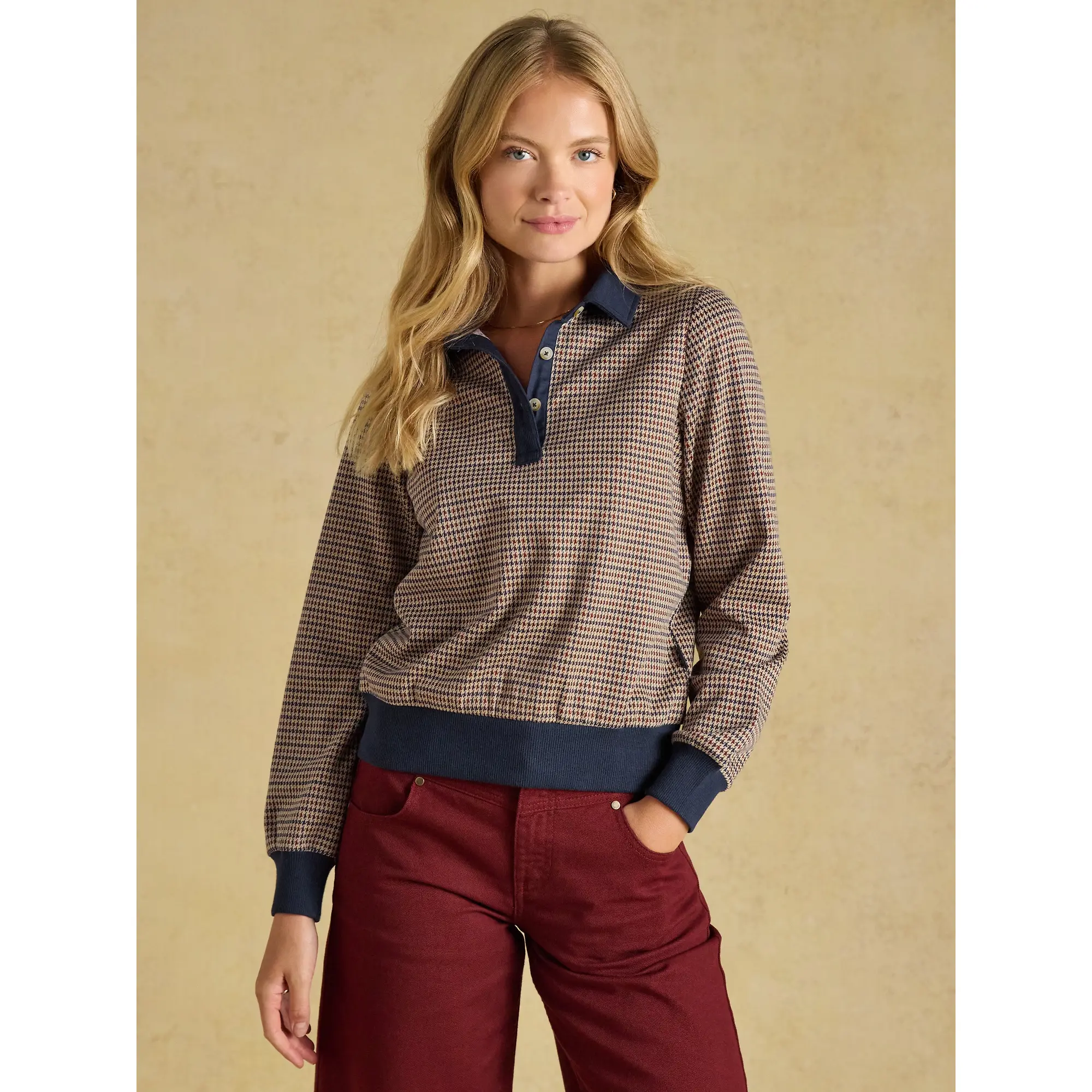 Product image 2 of 7 of Joules Women's Laurel Houndstooth Check Long Sleeve Jersey Top - Navy Red Check
