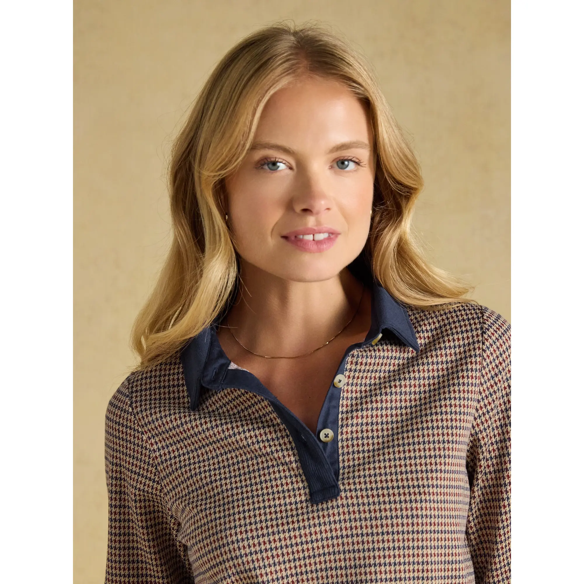Product image 4 of 7 of Joules Women's Laurel Houndstooth Check Long Sleeve Jersey Top - Navy Red Check