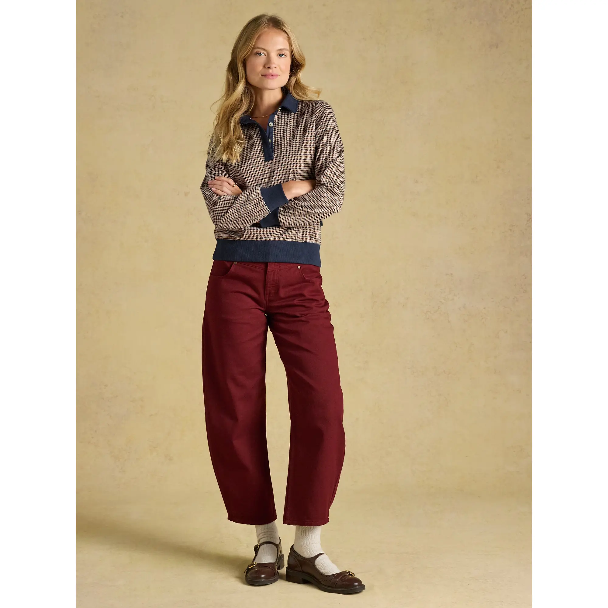 Product image 5 of 7 of Joules Women's Laurel Houndstooth Check Long Sleeve Jersey Top - Navy Red Check