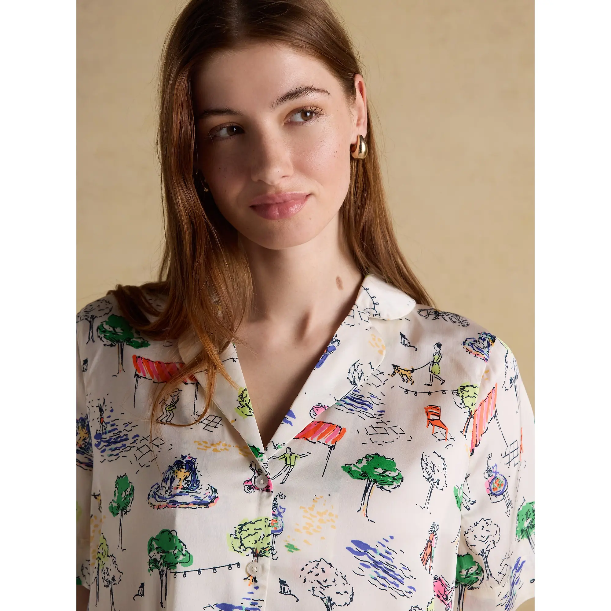 Product image 4 of 10 of Joules Women's Fiesta Scene Short Satin Pyjama Set - Cream Bistro