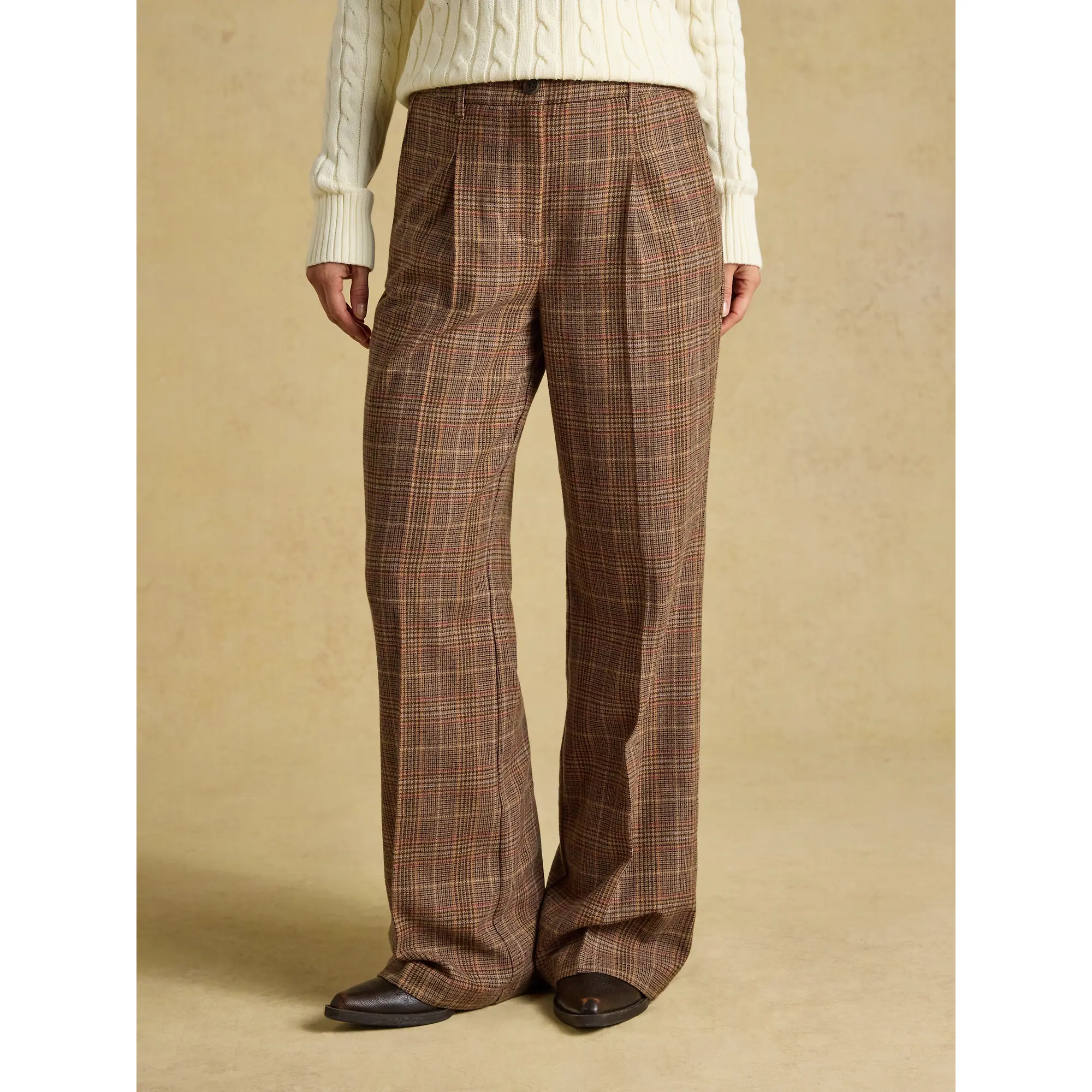 Product image 2 of 7 of Joules Women's Foxley Wool Rich Wide Leg Tweed Trousers - Brown Check Erica Tweed