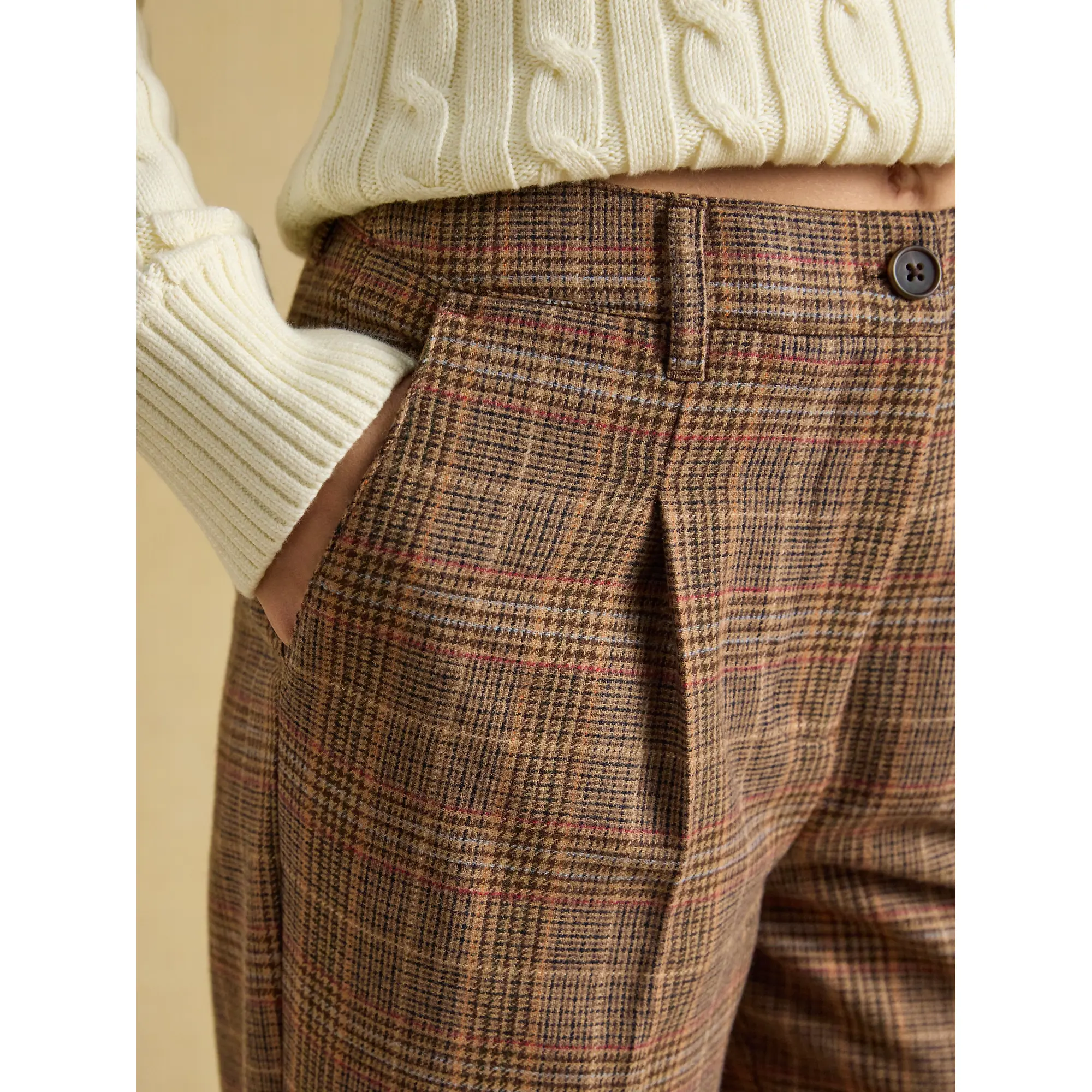 Product image 4 of 7 of Joules Women's Foxley Wool Rich Wide Leg Tweed Trousers - Brown Check Erica Tweed