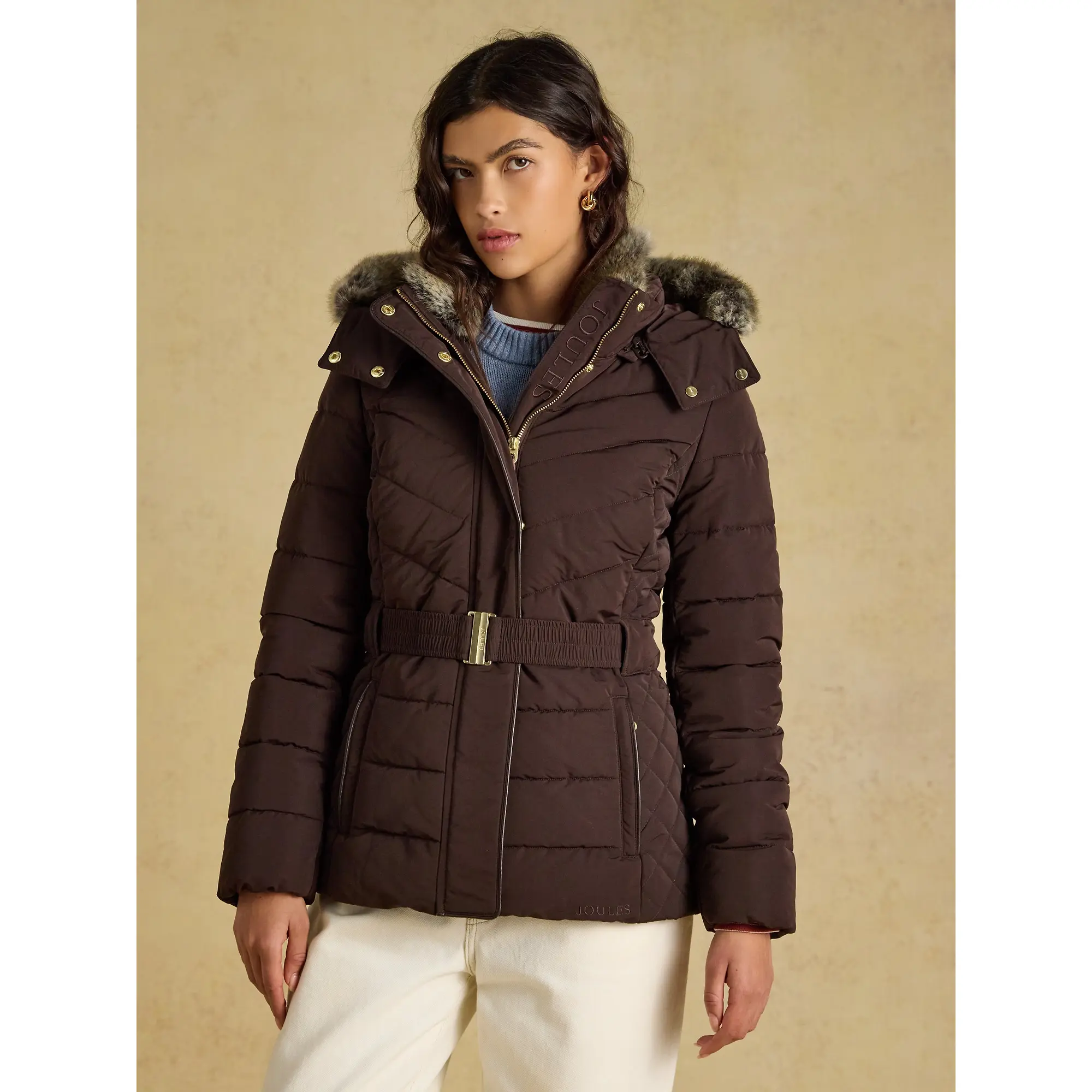 Product image 15 of 25 of Joules Women's Aspen Showerproof Padded Coat with Faux Fur Hood - Chocolate Brown