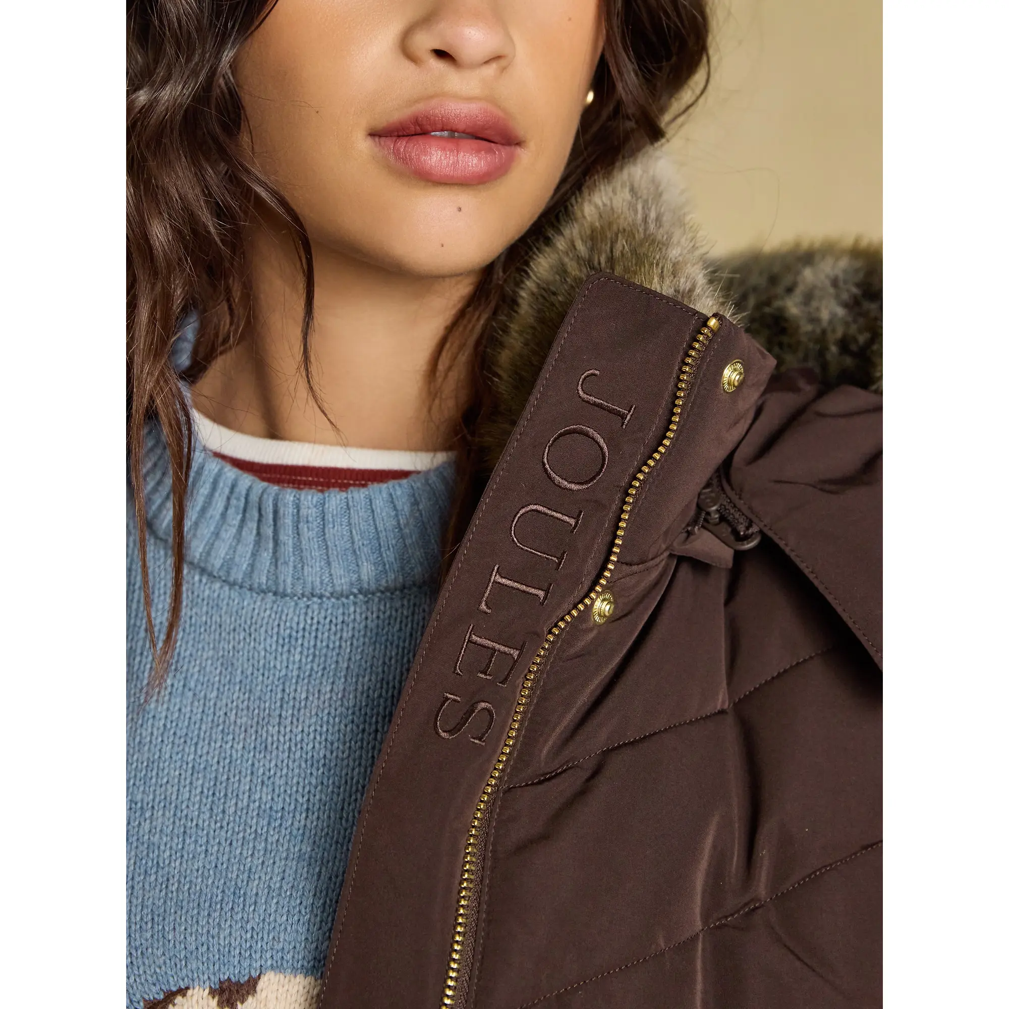 Product image 18 of 25 of Joules Women's Aspen Showerproof Padded Coat with Faux Fur Hood - Chocolate Brown