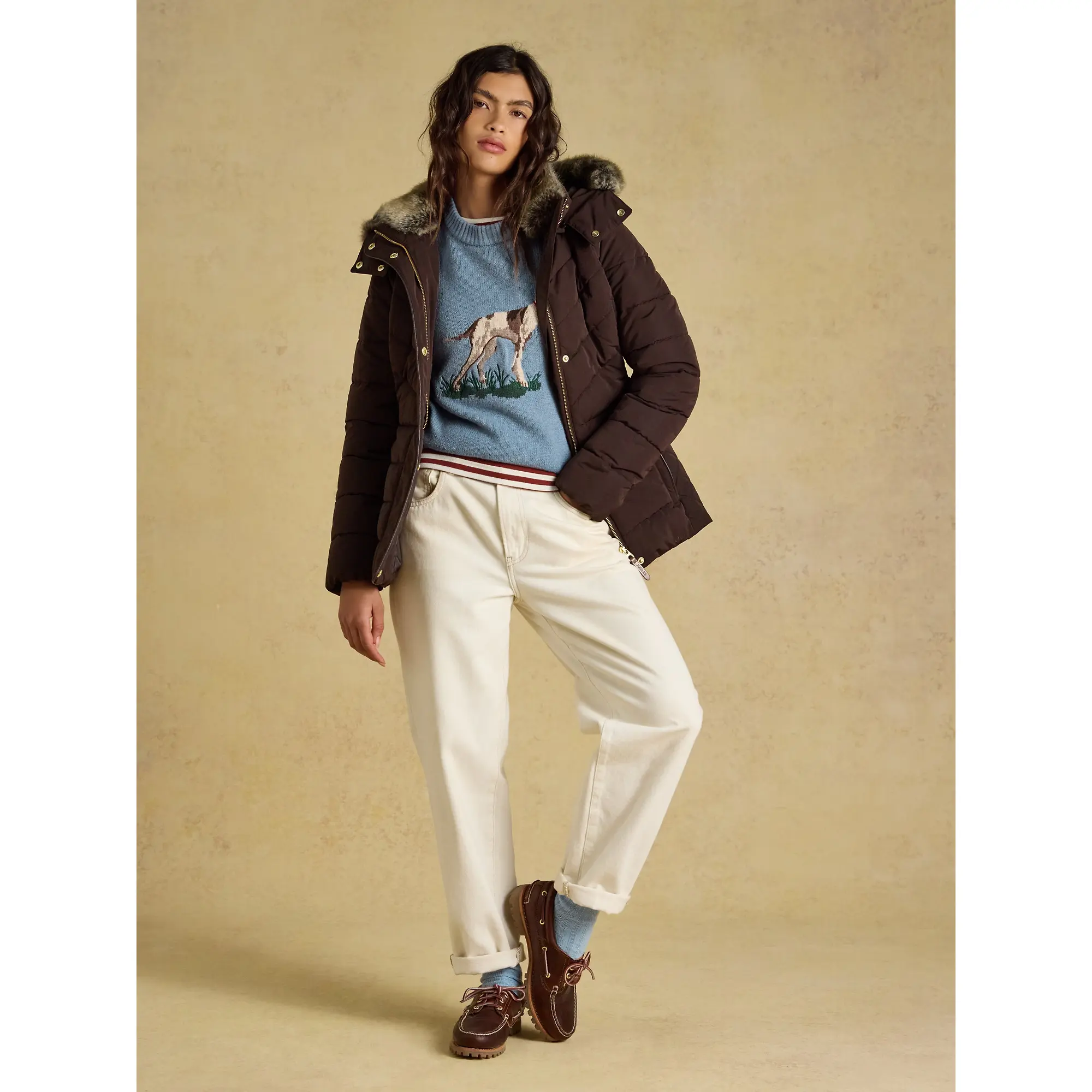 Product image 20 of 25 of Joules Women's Aspen Showerproof Padded Coat with Faux Fur Hood - Chocolate Brown