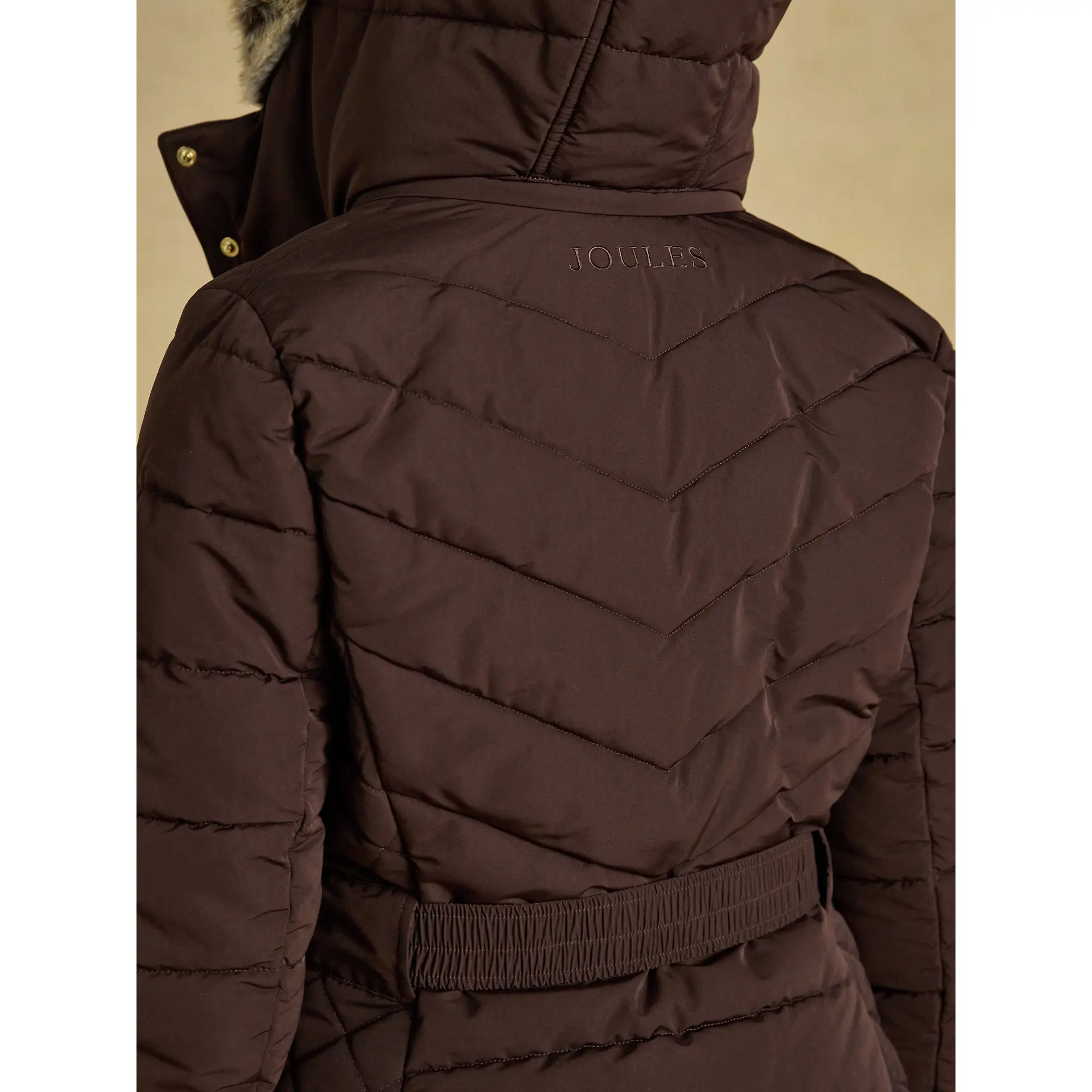 Product image 24 of 25 of Joules Women's Aspen Showerproof Padded Coat with Faux Fur Hood - Chocolate Brown