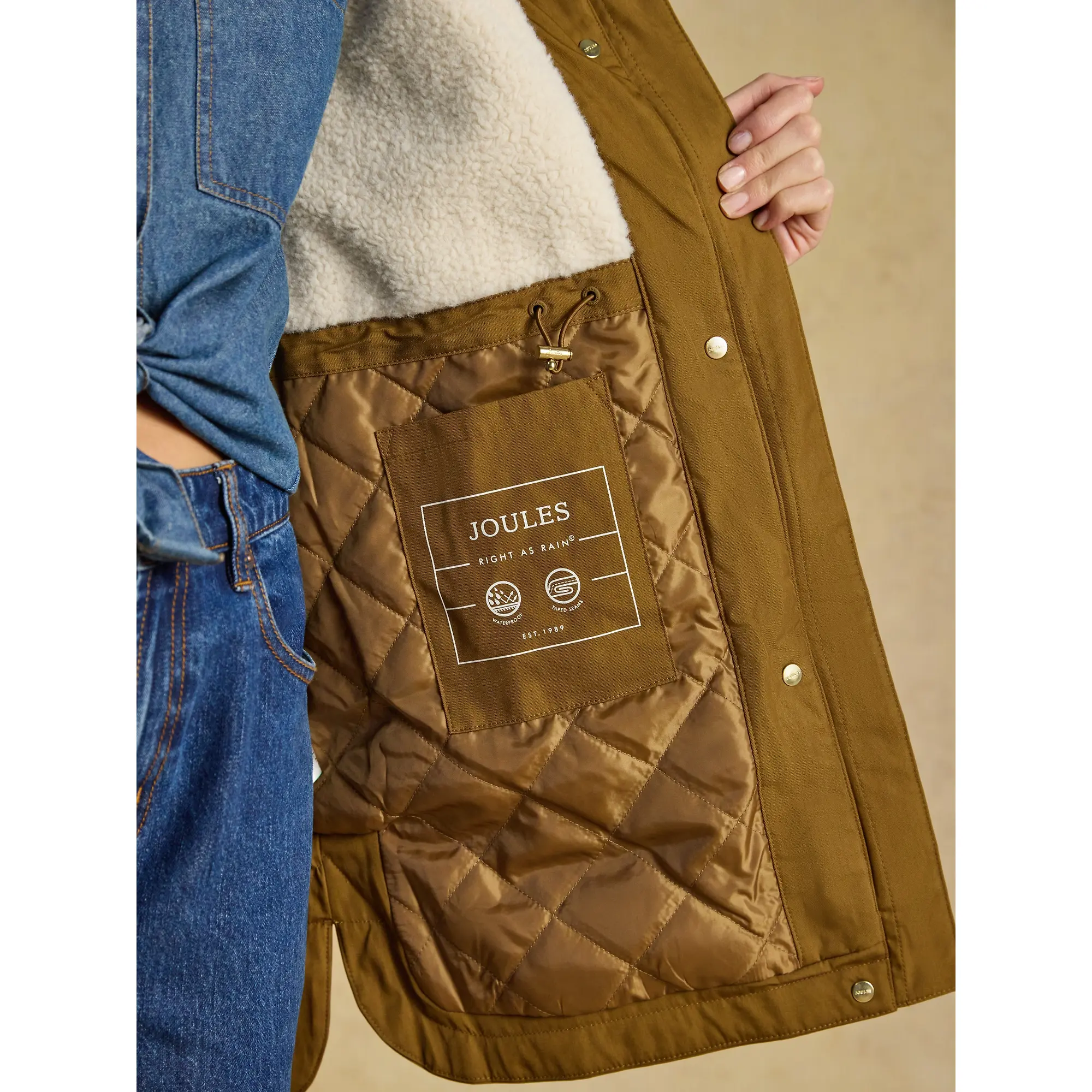 Product image 7 of 10 of Joules Women's Evercosy Borg Lined Waterproof Raincoat With Hood - Tan Brown