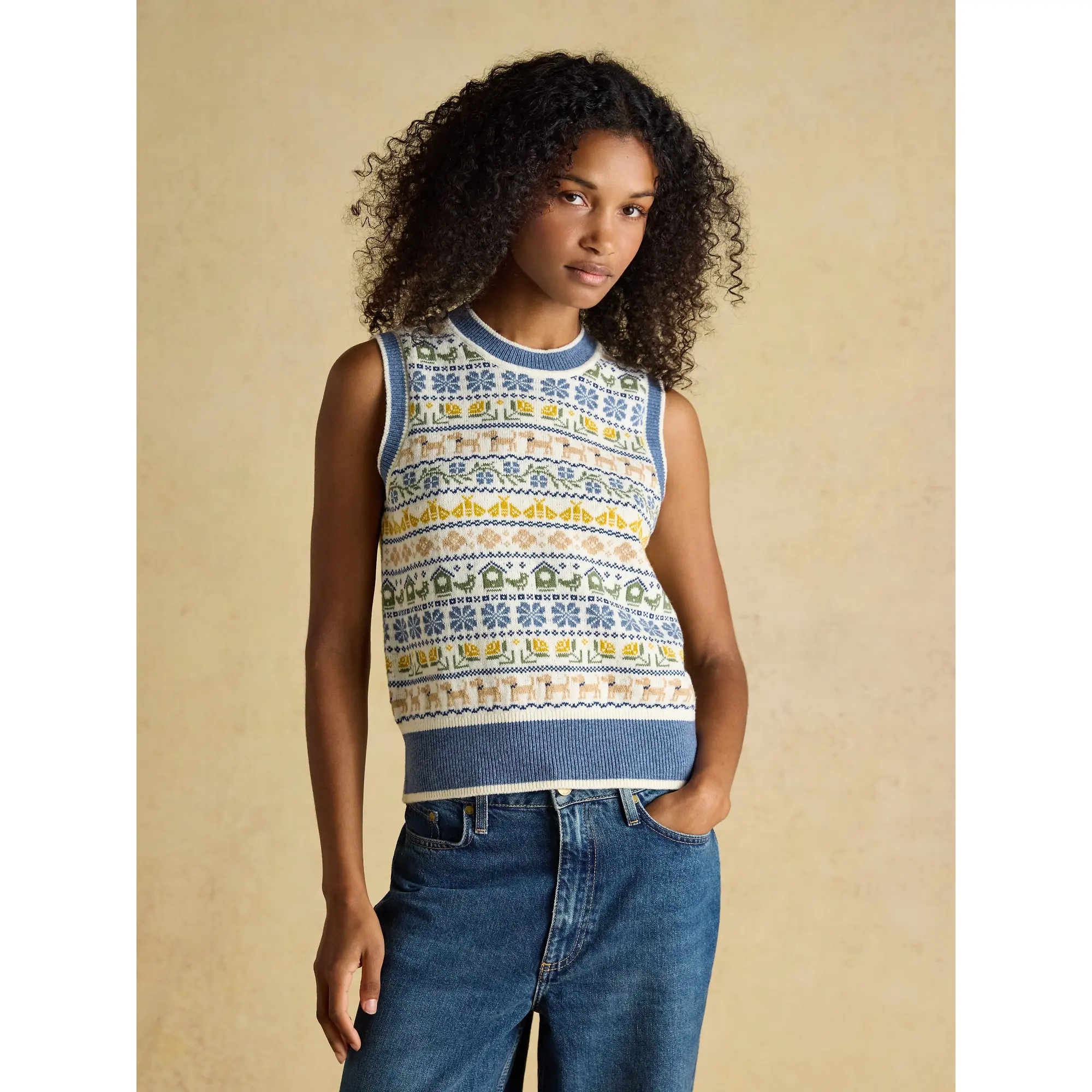 Product image 2 of 9 of Joules Women's Birds & Bees Knitted Crew Neck Vest - Cream/Blue