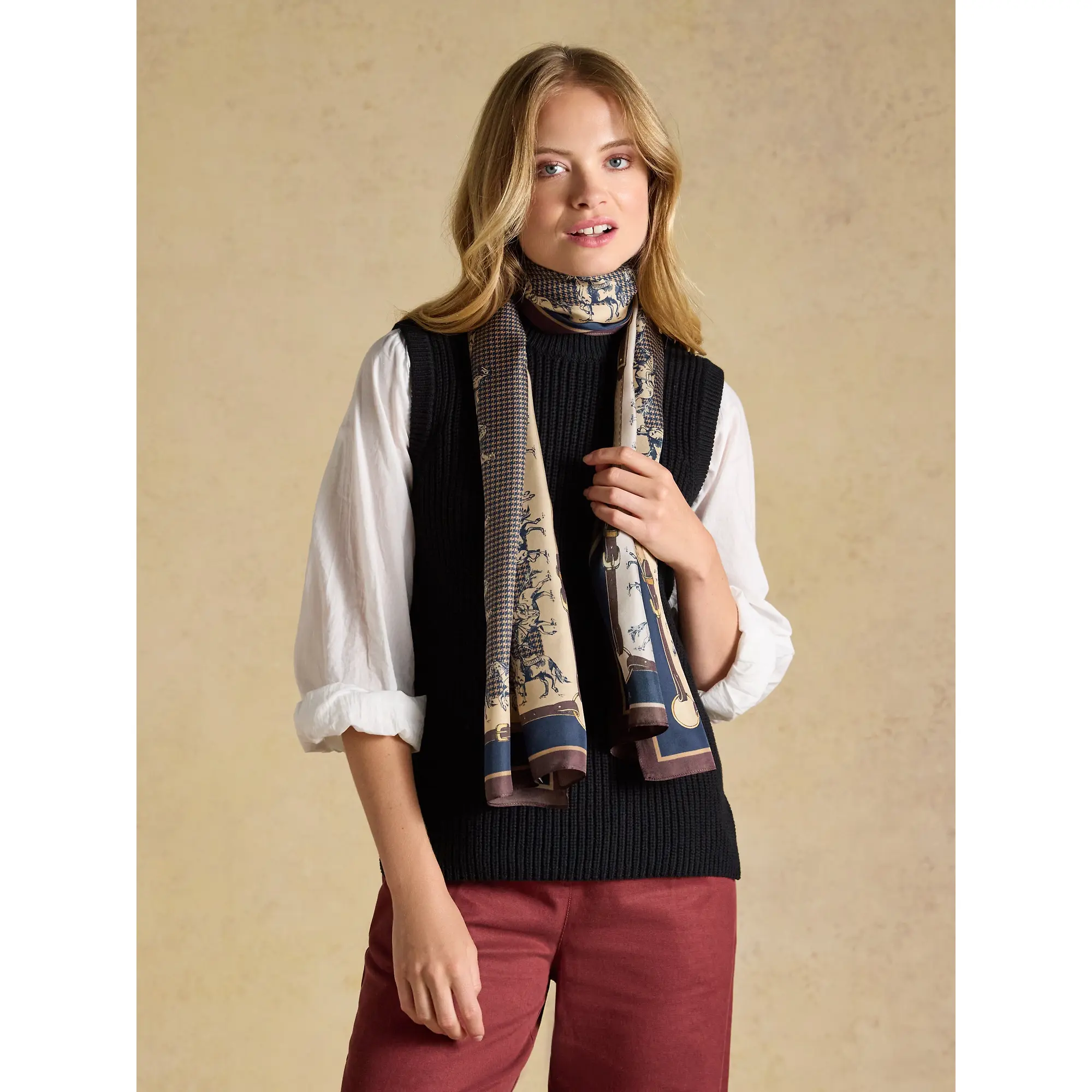Product image 2 of 5 of Joules Women's Windsor Equestrian Print Silk Rectangle Scarf - Navy & Beige