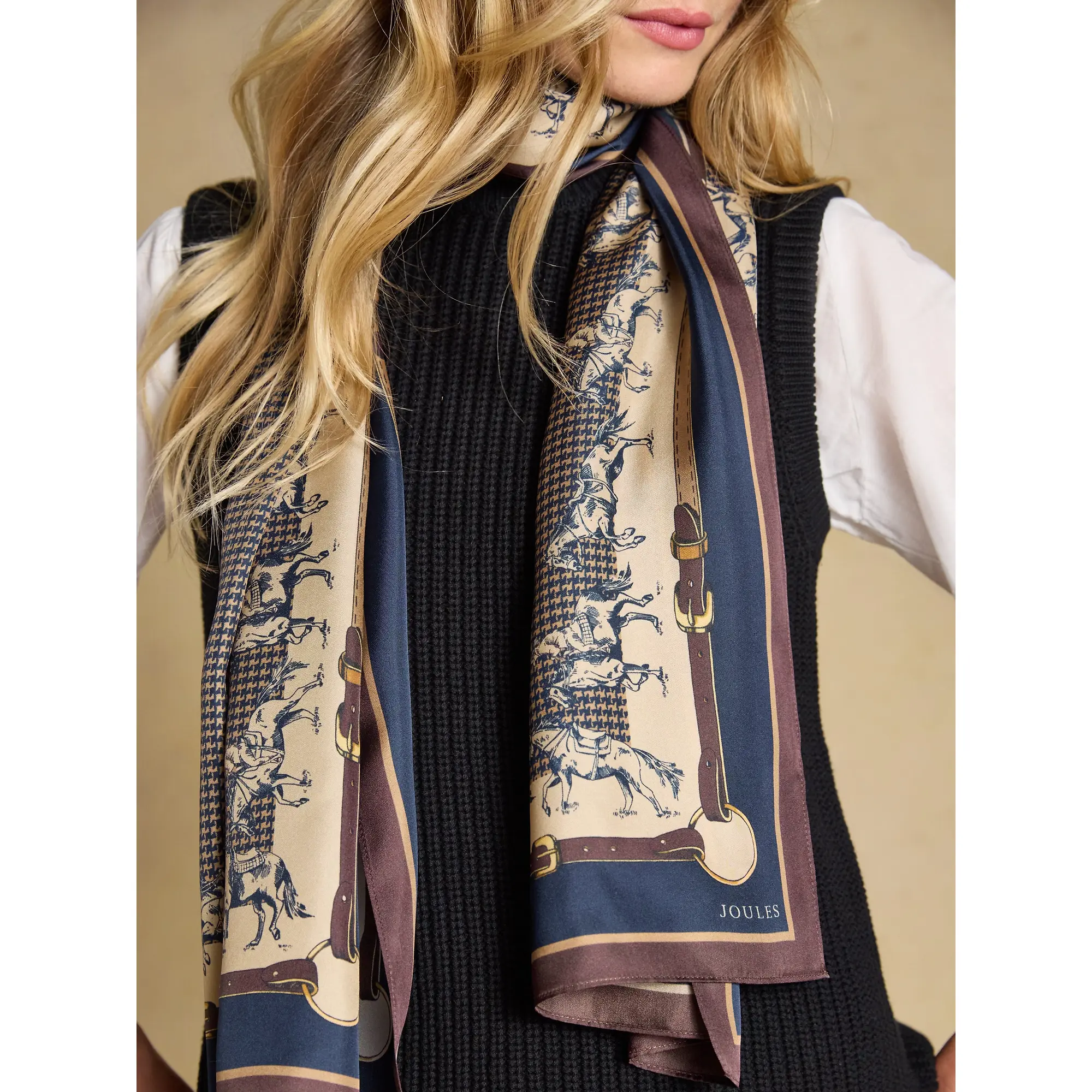 Product image 3 of 5 of Joules Women's Windsor Equestrian Print Silk Rectangle Scarf - Navy & Beige