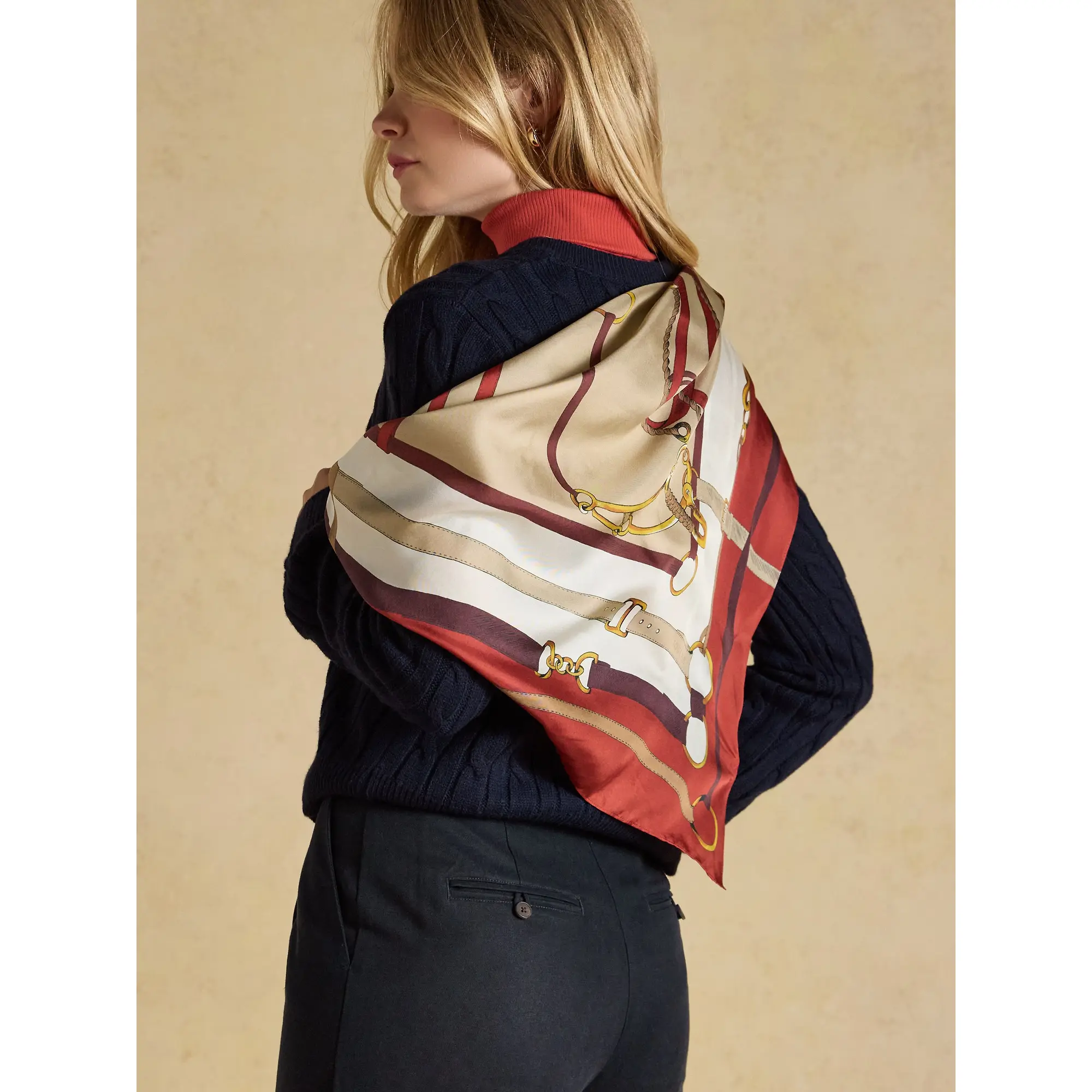 Product image 4 of 7 of Joules Women's Bloomfield Silk Square Scarf - Burnt Orange Bridle