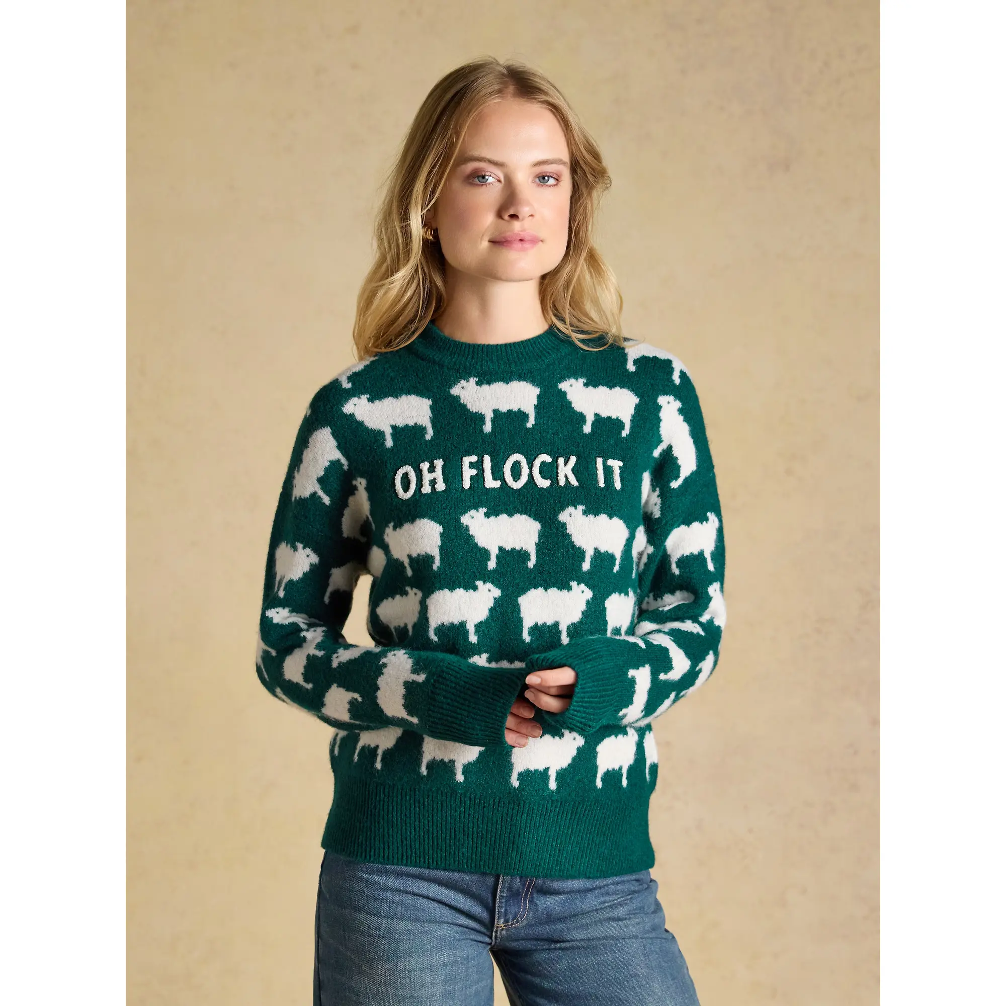 Product image 2 of 8 of Joules Women's Oh Flock It Sheep Icon Crew Neck Knitted Jumper - Green