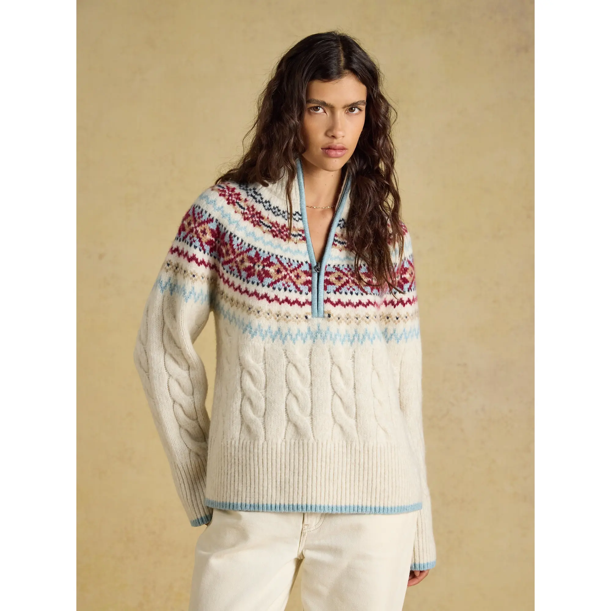 Product image 2 of 7 of Joules Women's Cable Knit Fair Isle Half Zip Jumper - Cream