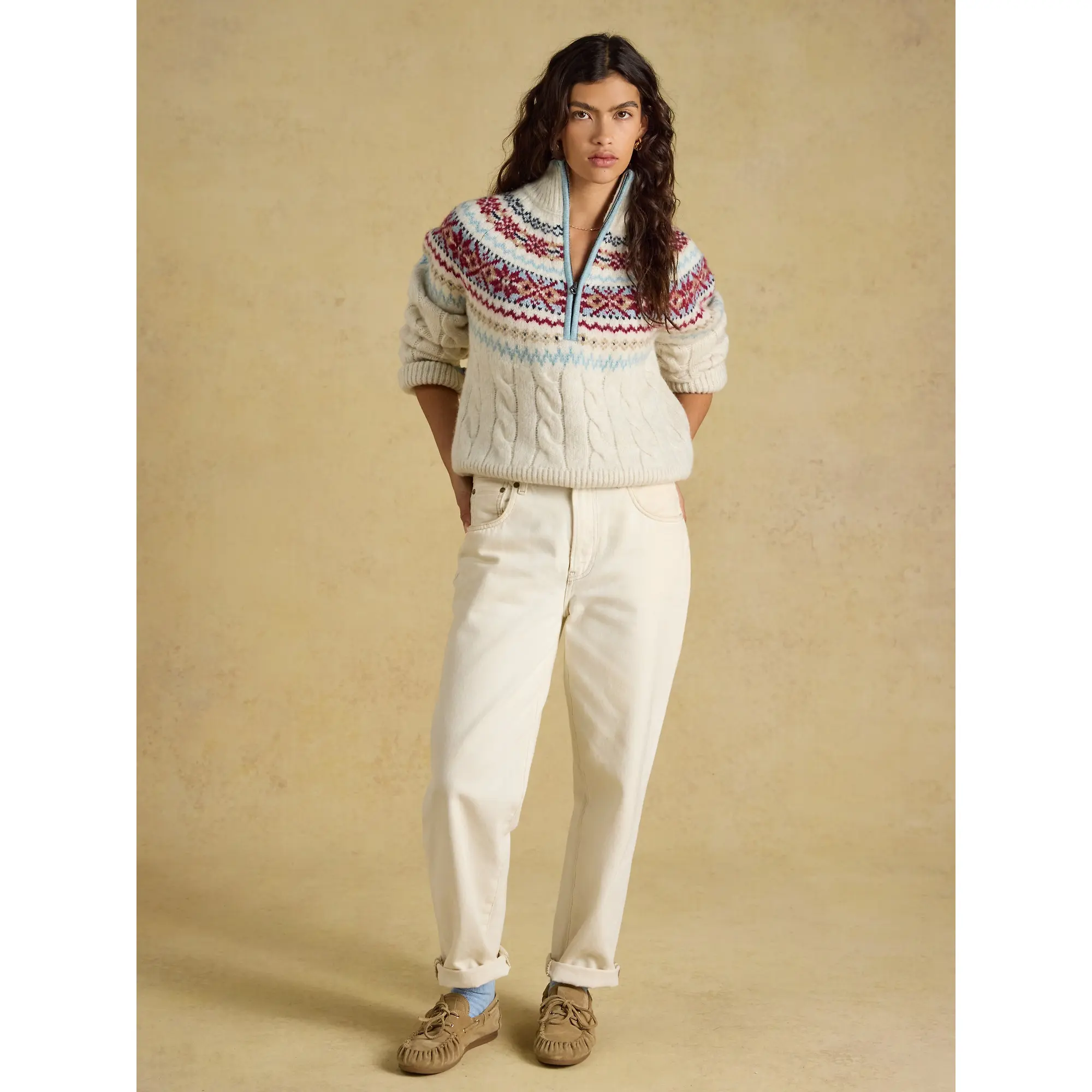 Product image 4 of 7 of Joules Women's Cable Knit Fair Isle Half Zip Jumper - Cream