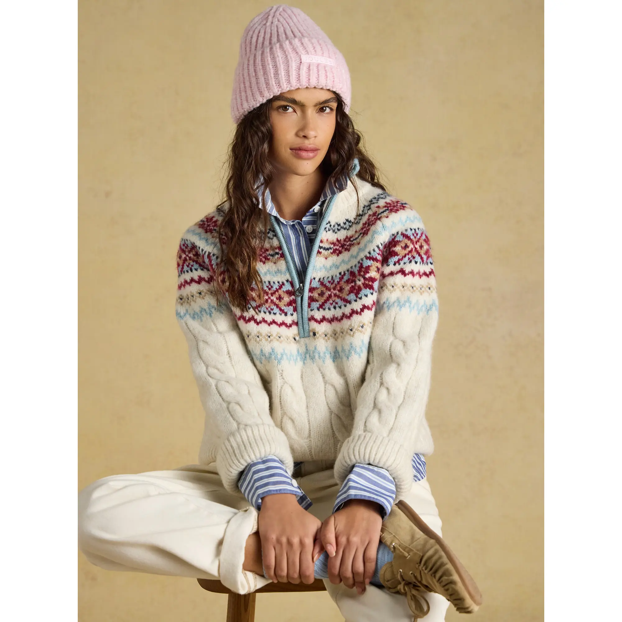 Product image 6 of 7 of Joules Women's Cable Knit Fair Isle Half Zip Jumper - Cream