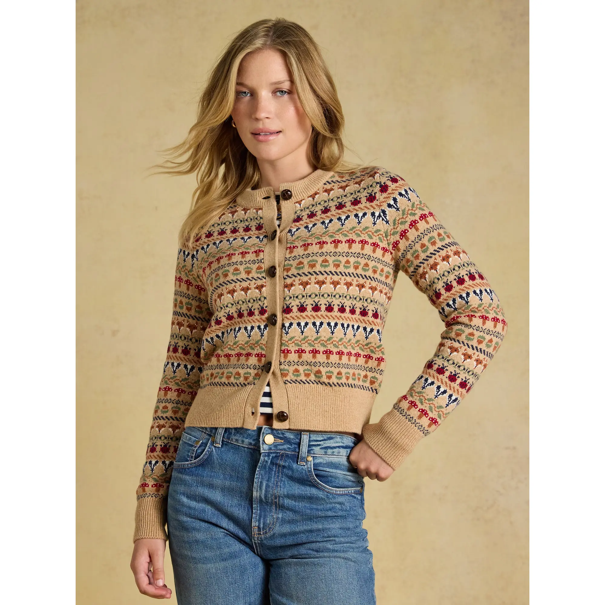 Product image 2 of 8 of Joules Women's Woodland Pattern Cotton Blend Knitted Cardigan - Oatmeal