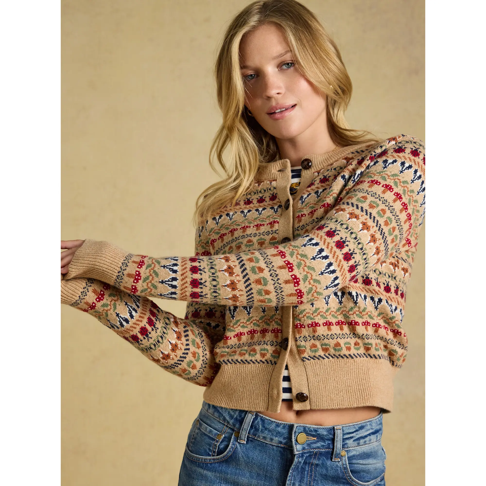 Product image 7 of 8 of Joules Women's Woodland Pattern Cotton Blend Knitted Cardigan - Oatmeal