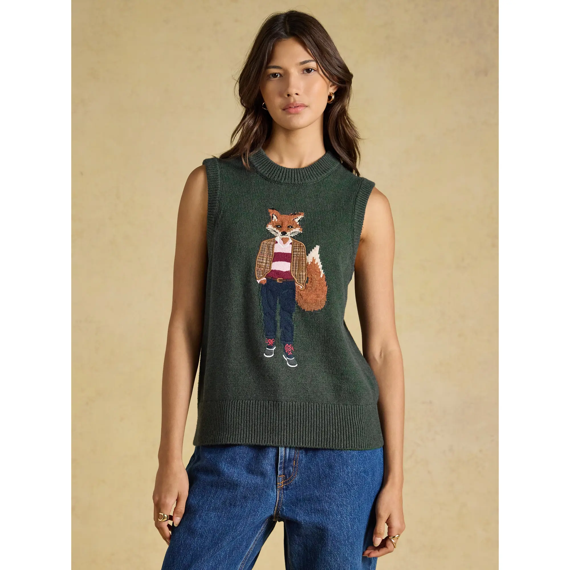 Product image 2 of 7 of Joules Women's Jonty Fox Crew Neck Cotton Blend Knitted Vest - Green