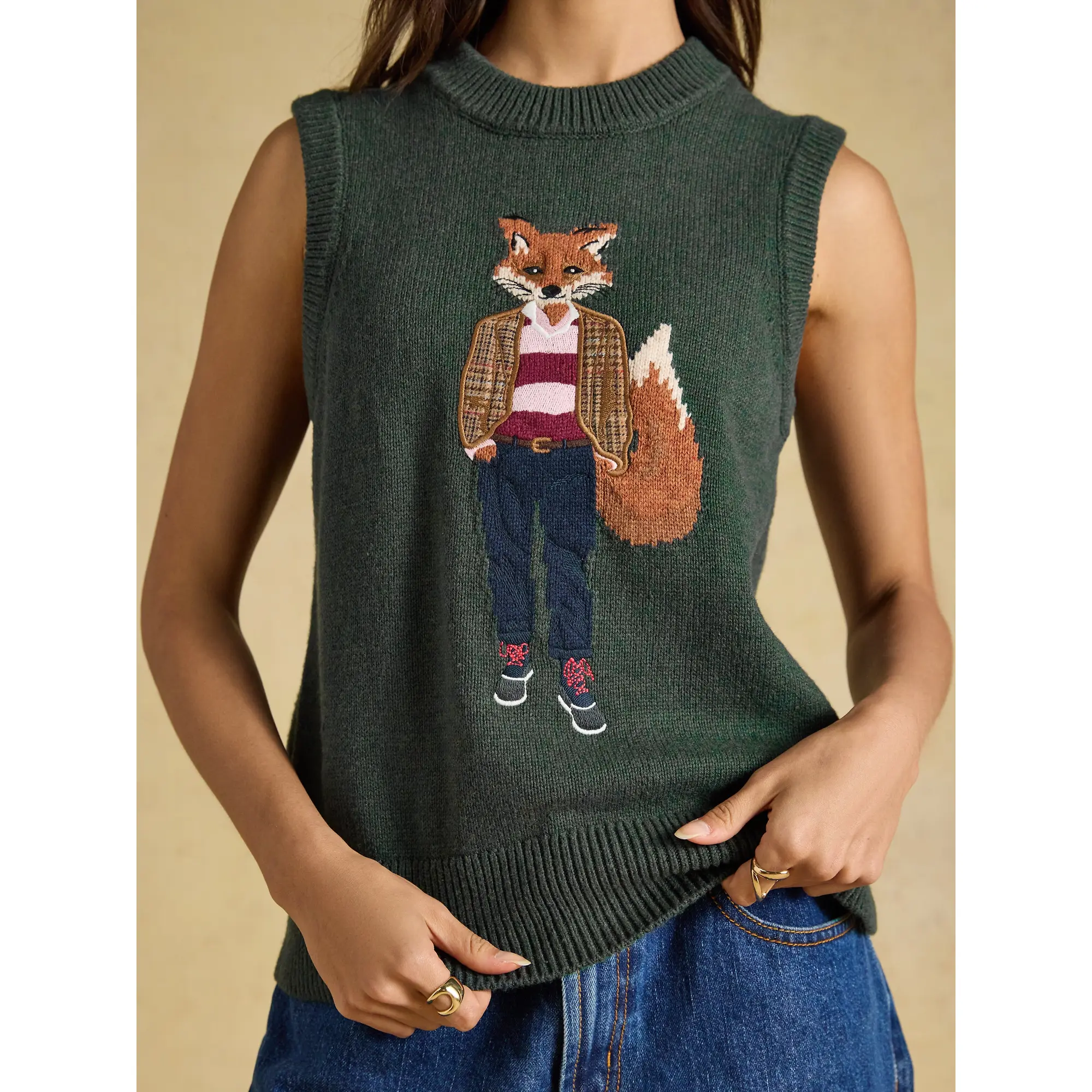 Product image 5 of 7 of Joules Women's Jonty Fox Crew Neck Cotton Blend Knitted Vest - Green