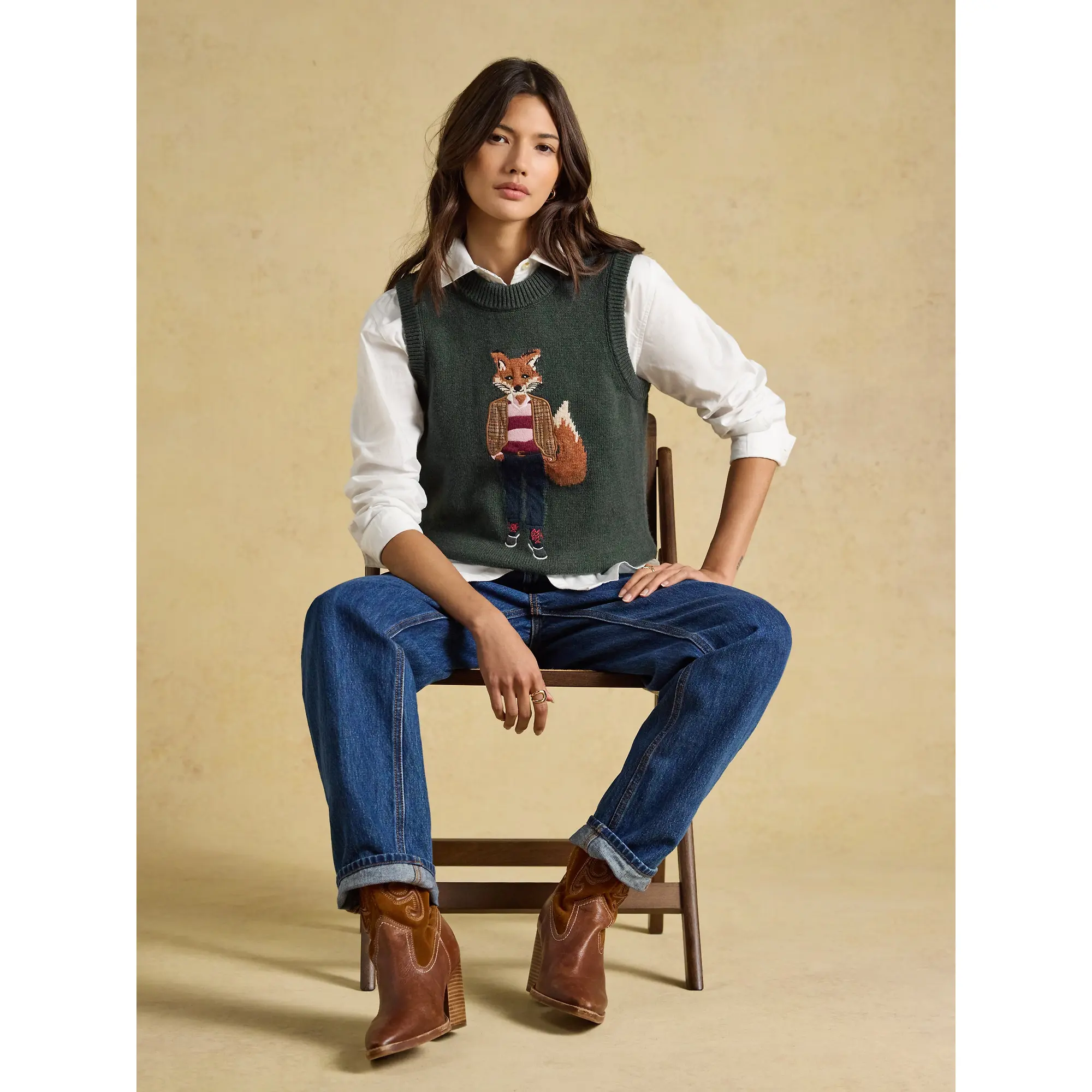 Product image 7 of 7 of Joules Women's Jonty Fox Crew Neck Cotton Blend Knitted Vest - Green