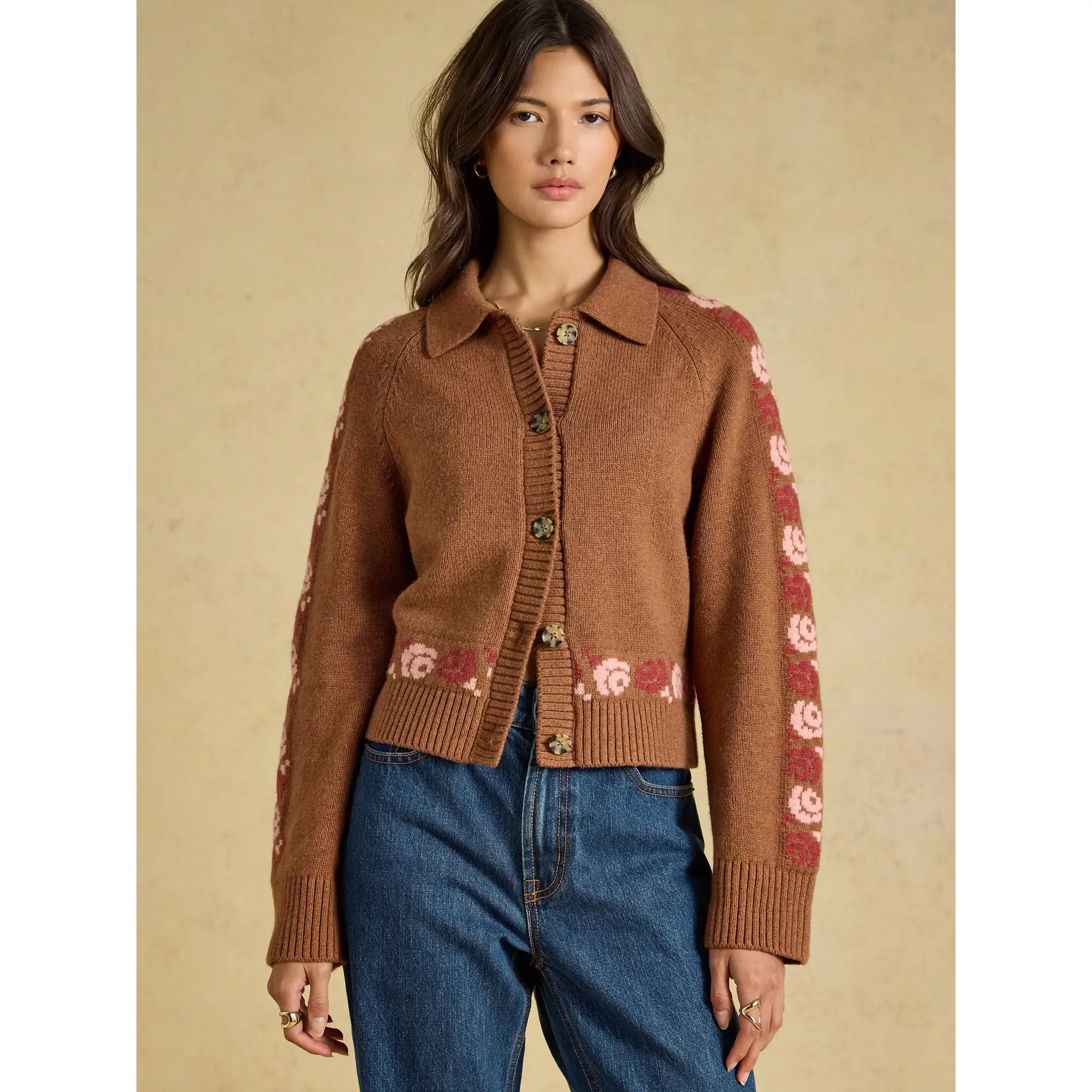 Product image 2 of 7 of Joules Women's Embroidered Cowboy Cotton Blend Knitted Cardigan - Tan Brown