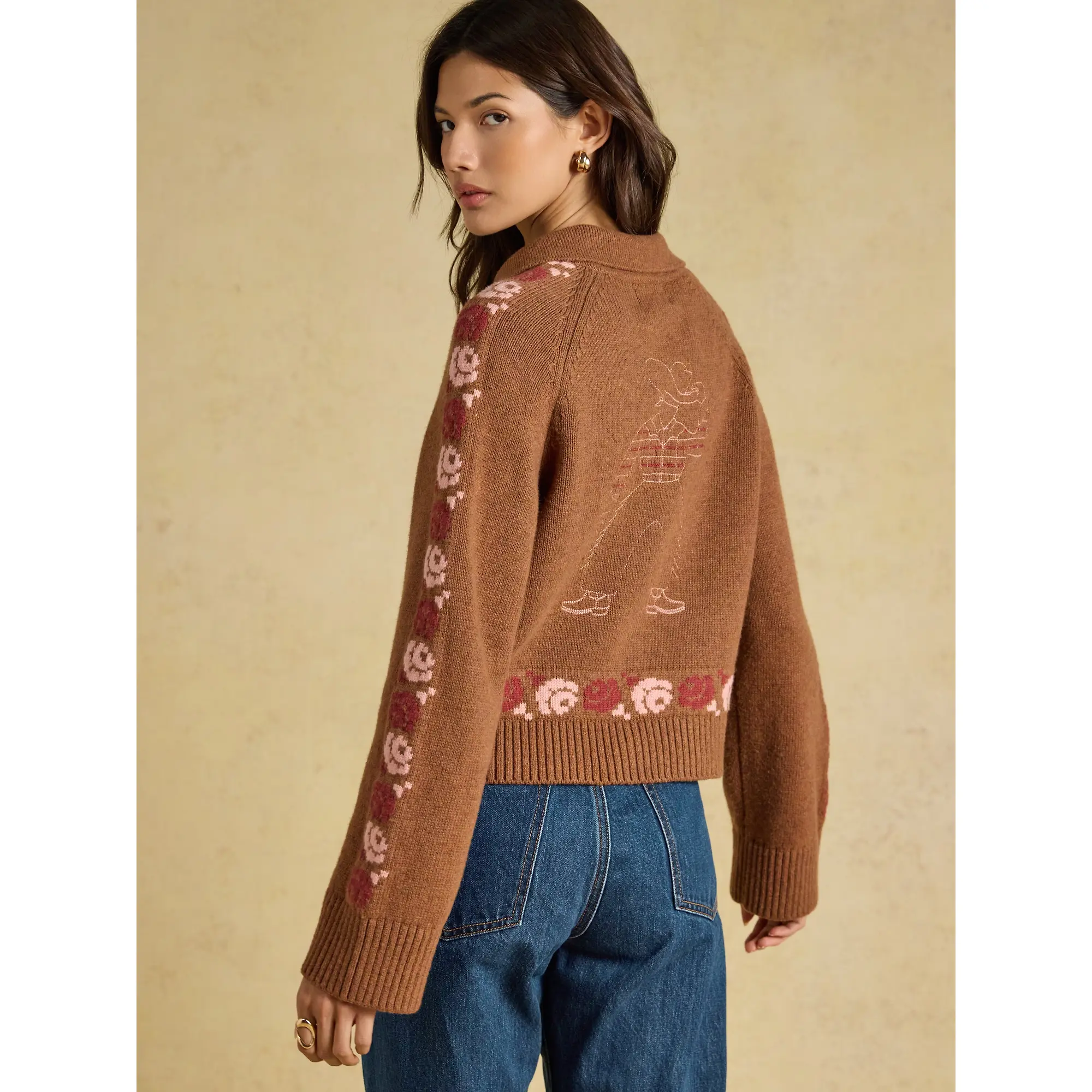 Product image 3 of 7 of Joules Women's Embroidered Cowboy Cotton Blend Knitted Cardigan - Tan Brown