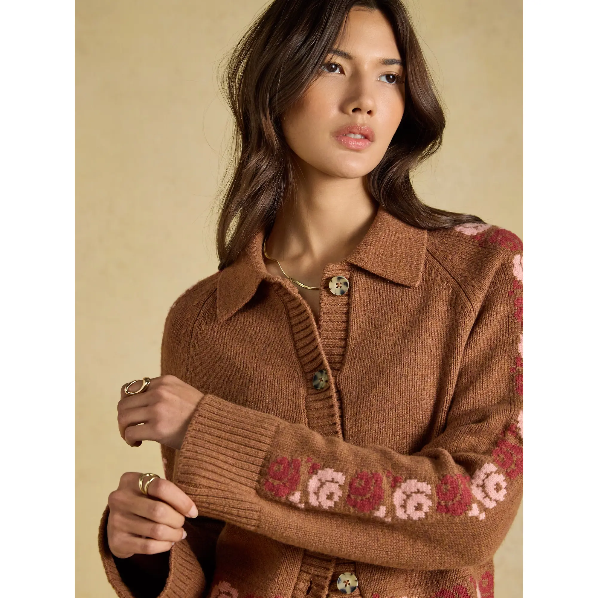 Product image 4 of 7 of Joules Women's Embroidered Cowboy Cotton Blend Knitted Cardigan - Tan Brown